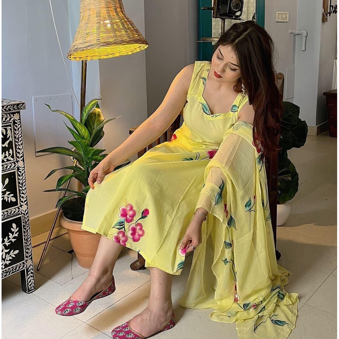 Gosriki Women's Rayon Viscose Straight Printed Kurta With Pant & Dupatta (Rehnuma Yellow-Gs_L_Yellow_Large)
