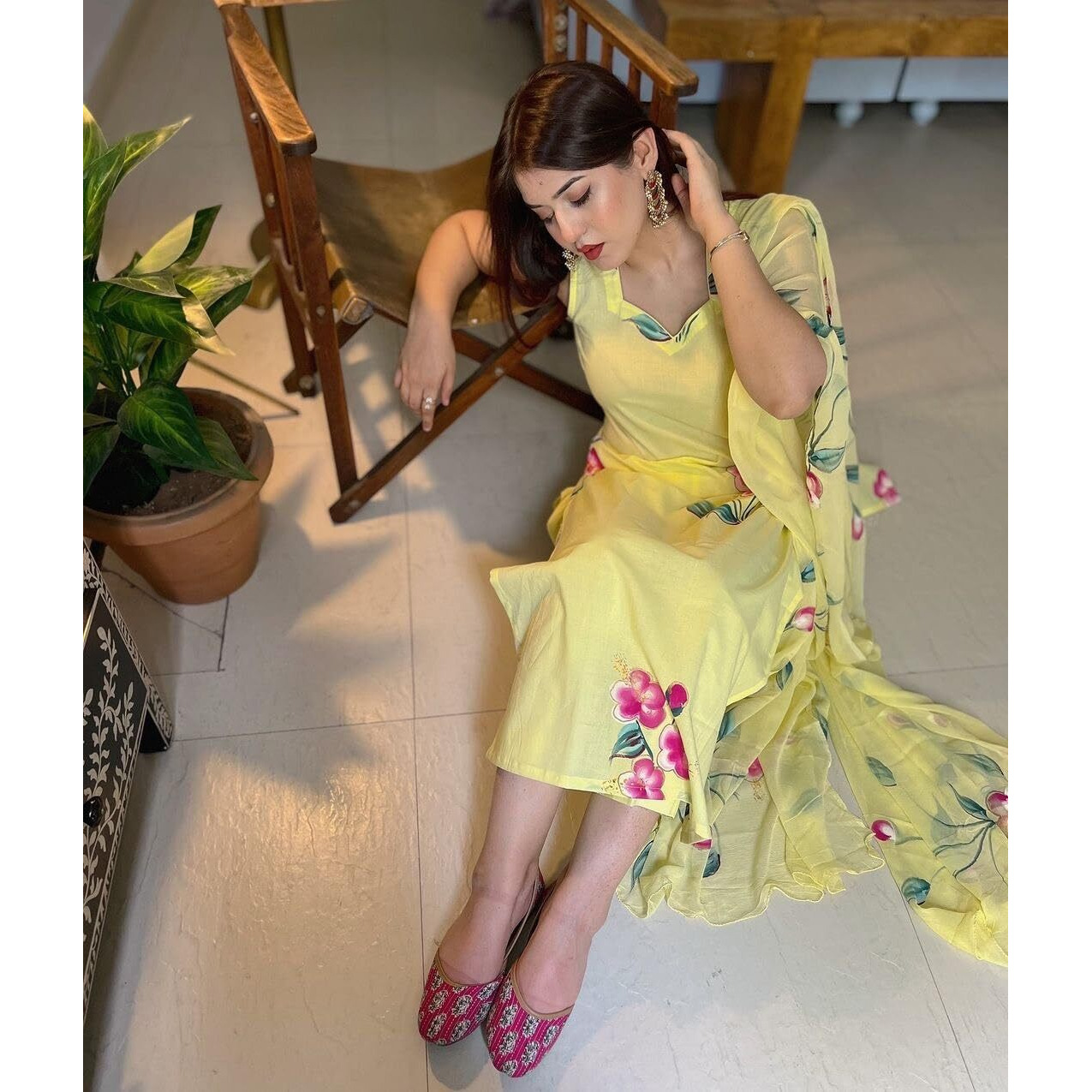 Gosriki Women's Rayon Viscose Straight Printed Kurta With Pant & Dupatta (Rehnuma Yellow-Gs_L_Yellow_Large)