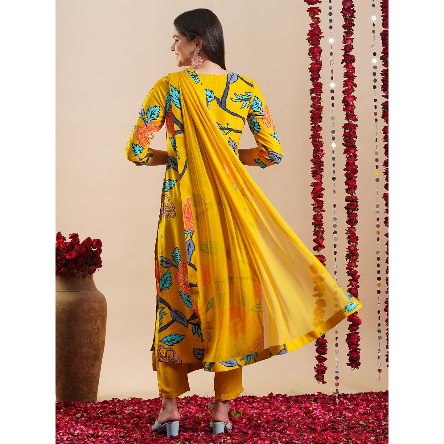 Gosriki Women's Rayon Blend Straight Printed Kurta With Pant & Dupatta (Twig Yellow-Gs_S_Yellow_Small)