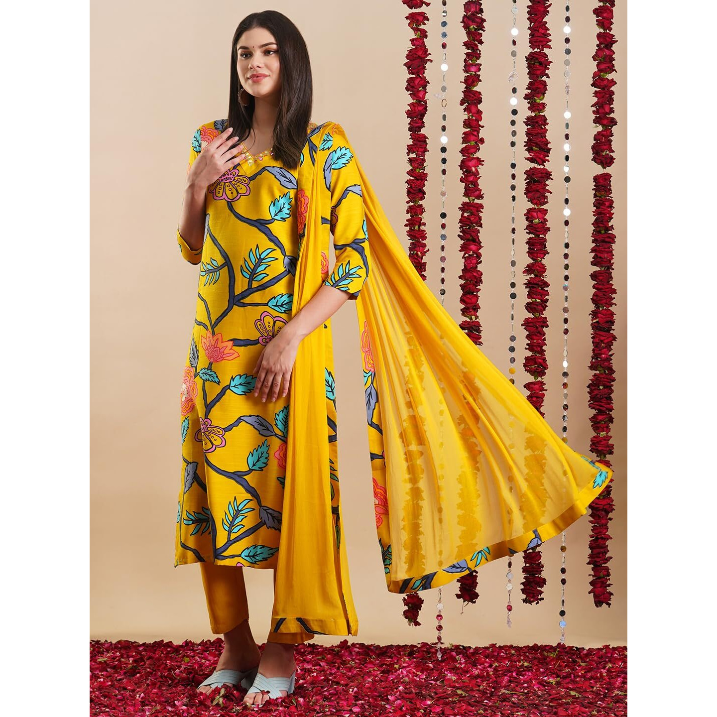 Gosriki Women's Rayon Blend Straight Printed Kurta With Pant & Dupatta (Twig Yellow-Gs_S_Yellow_Small)