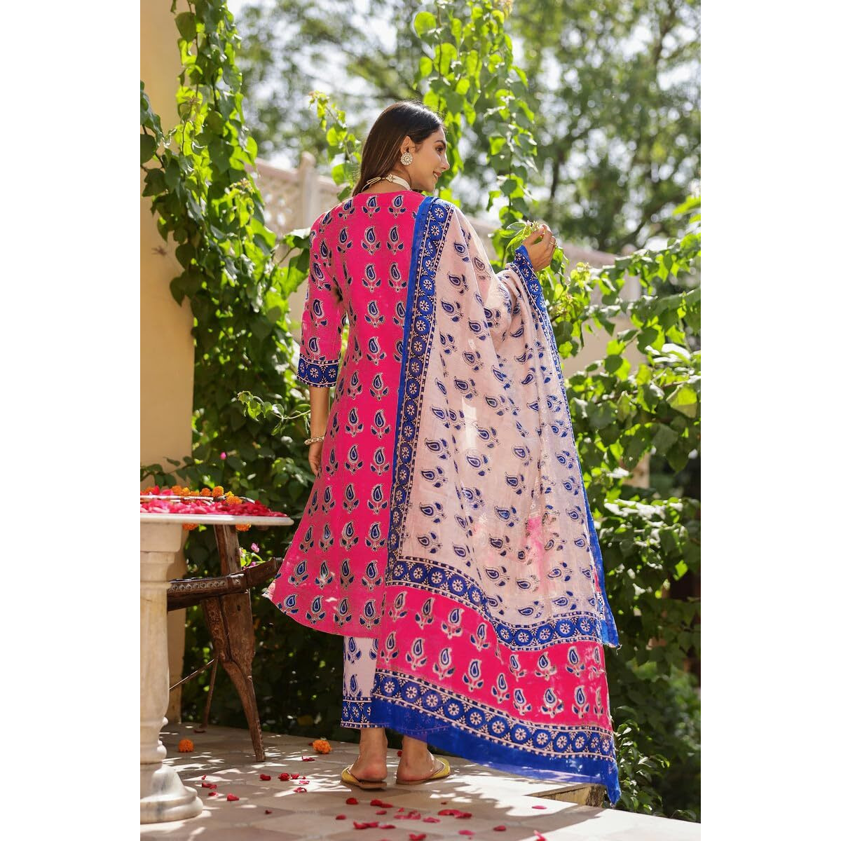 Gosriki Women's Rayon Blend Straight Printed Kurta With Pant & Dupatta (Uchiha Pink-Gs_M_Pink_Medium)