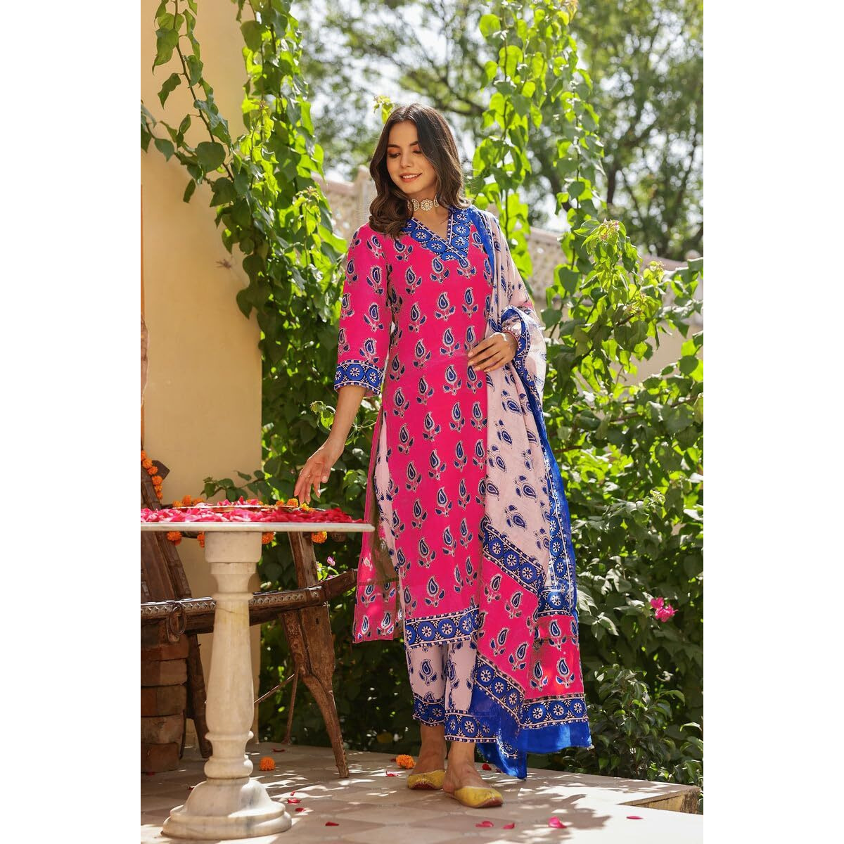 Gosriki Women's Rayon Blend Straight Printed Kurta With Pant & Dupatta (Uchiha Pink-Gs_M_Pink_Medium)