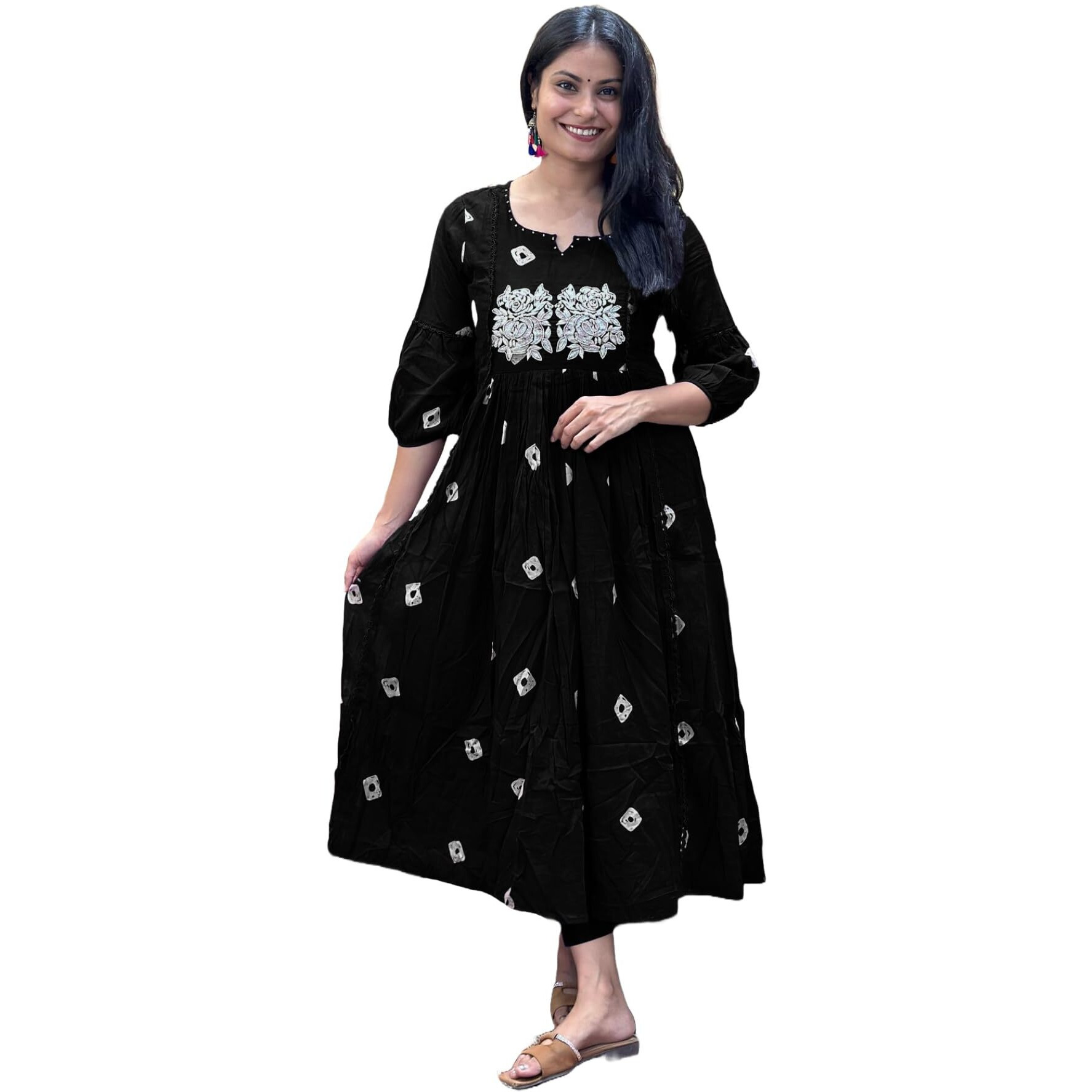 Gosriki Women's Rayon Blend Anarkali Printed Kurta With Pant (Anveshi Black-Gs_L_Black_Large)
