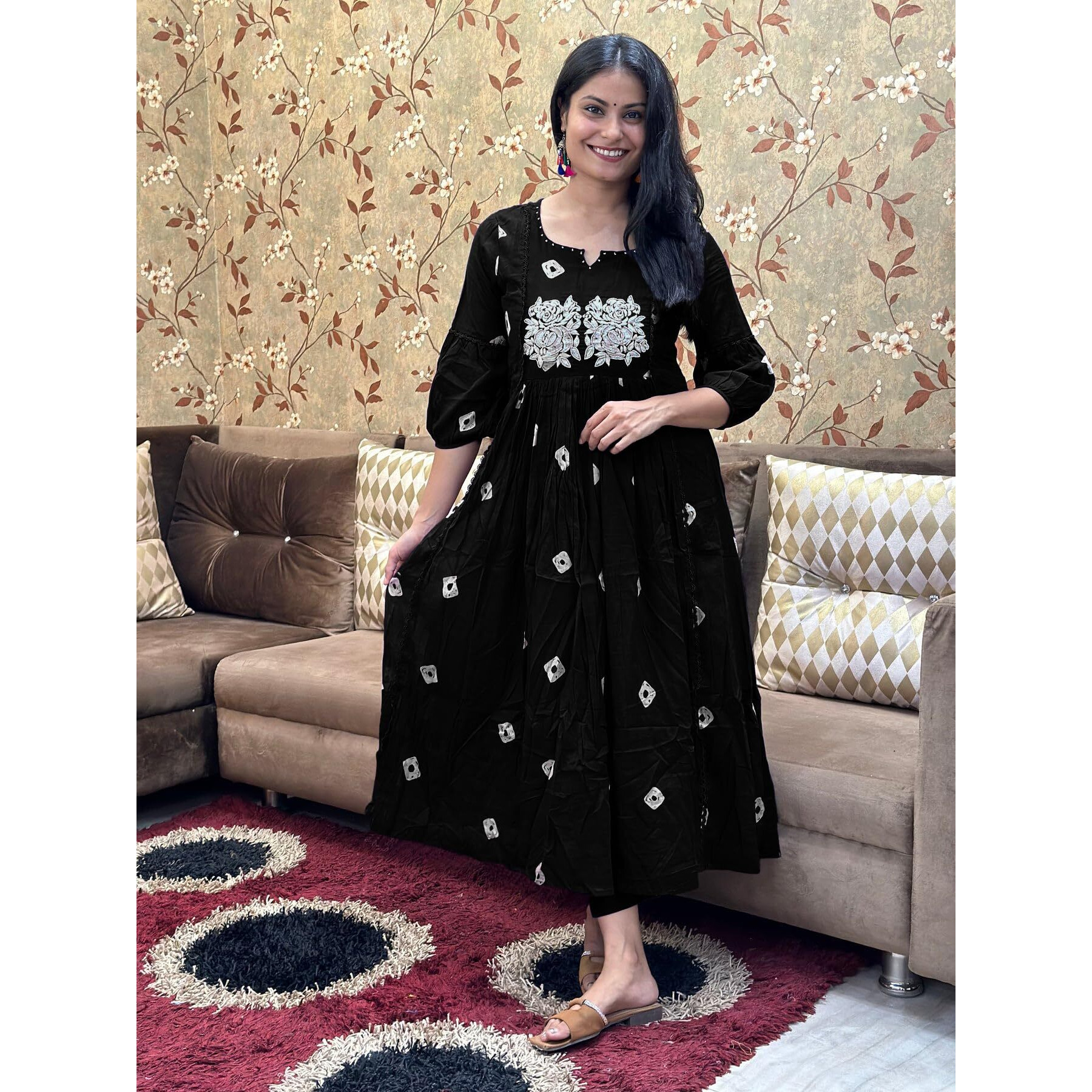 Gosriki Women's Rayon Blend Anarkali Printed Kurta With Pant (Anveshi Black-Gs_L_Black_Large)