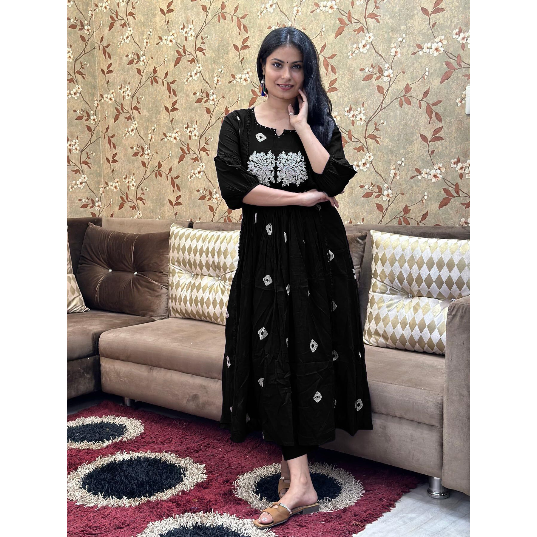 Gosriki Women's Rayon Blend Anarkali Printed Kurta With Pant (Anveshi Black-Gs_L_Black_Large)