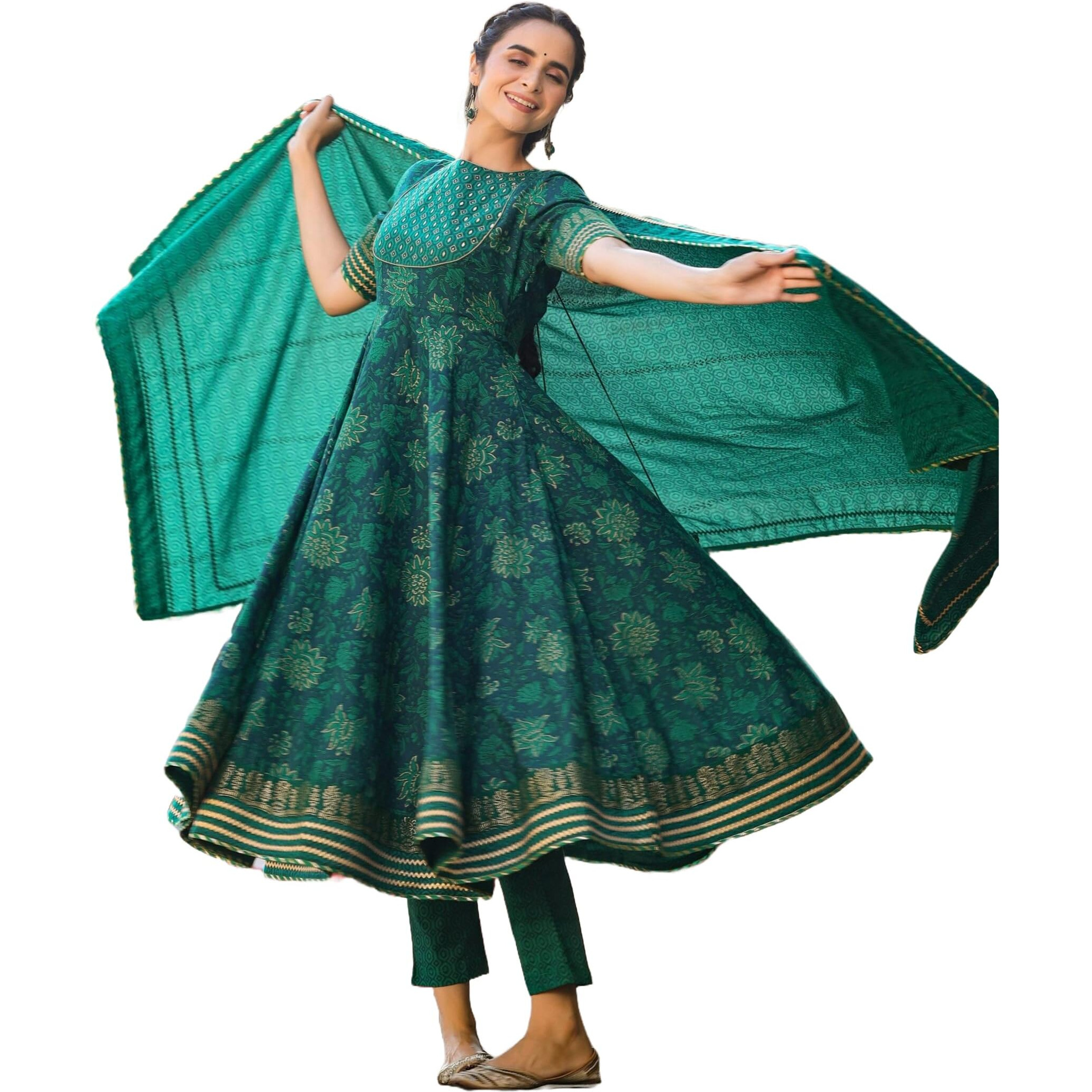 Gosriki Women's Rayon Blend Printed Anarkali Kurta With Pant & Dupatta (Gumaro Green-Gs_Xxl_Green_Xx-Large)