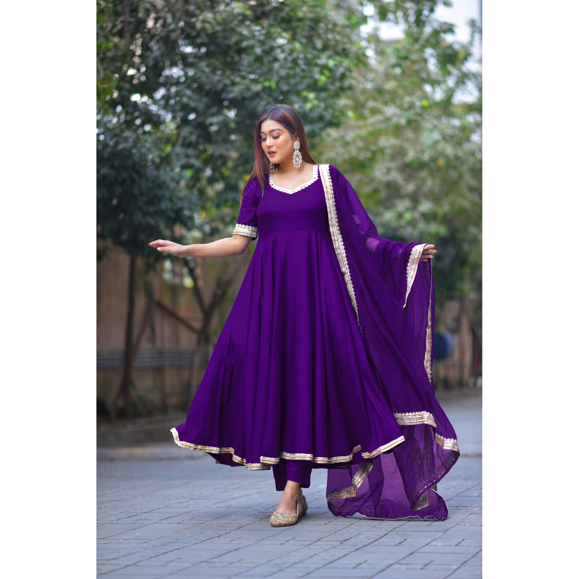Gosriki Women's Rayon Blend Anarkali Solid Kurta With Pant & Dupatta & Dupatta (Shyam Begani-Gs_L_Begani_Large)