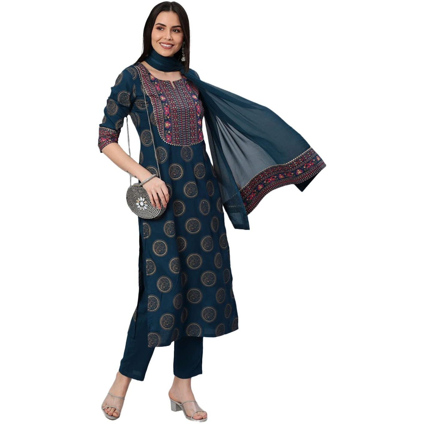 Gosriki Women's Cotton Blend Printed Straight Kurta With Pant & Dupatta (Nov-Rama-Gs_L_Rama_Large)