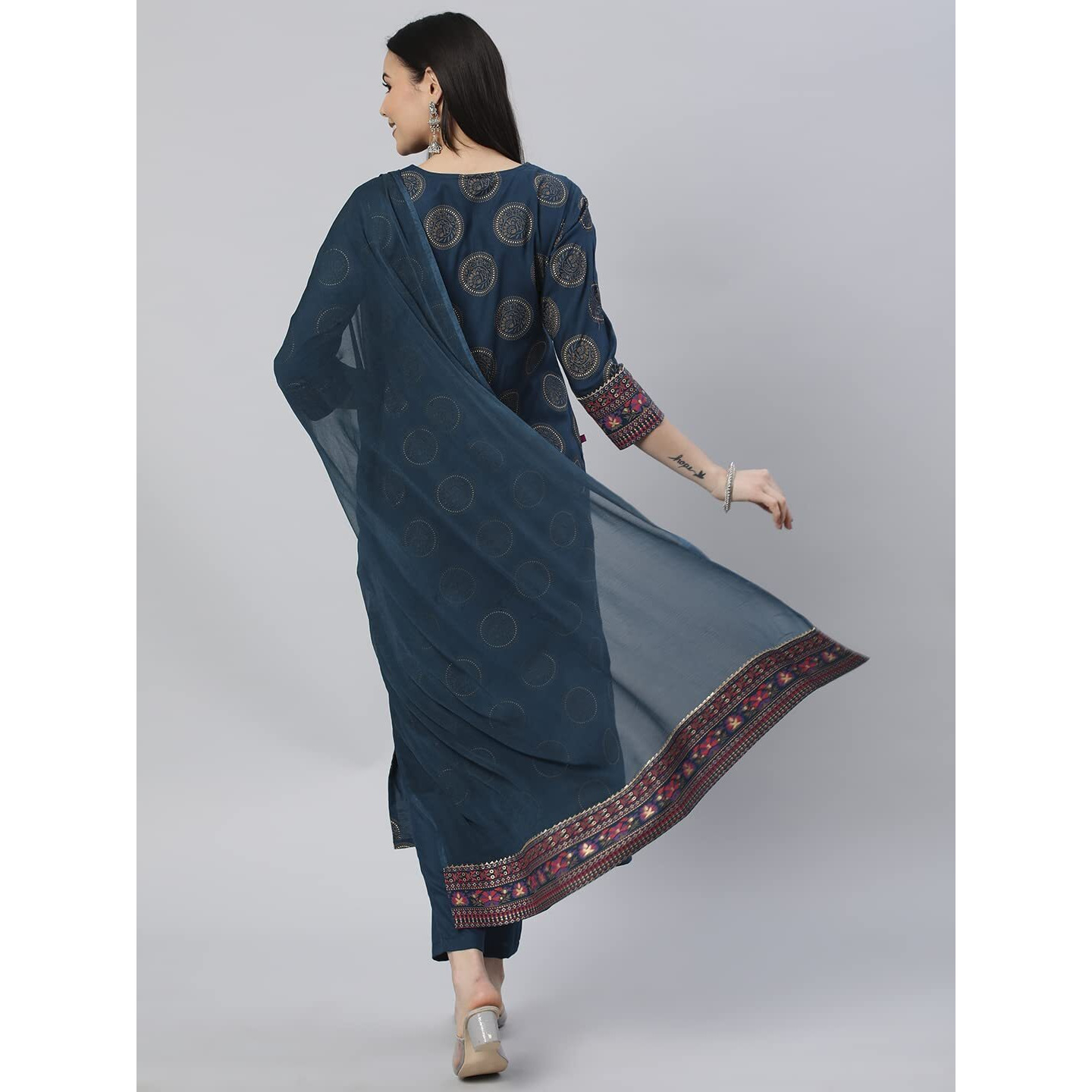 Gosriki Women's Cotton Blend Printed Straight Kurta With Pant & Dupatta (Nov-Rama-Gs_L_Rama_Large)