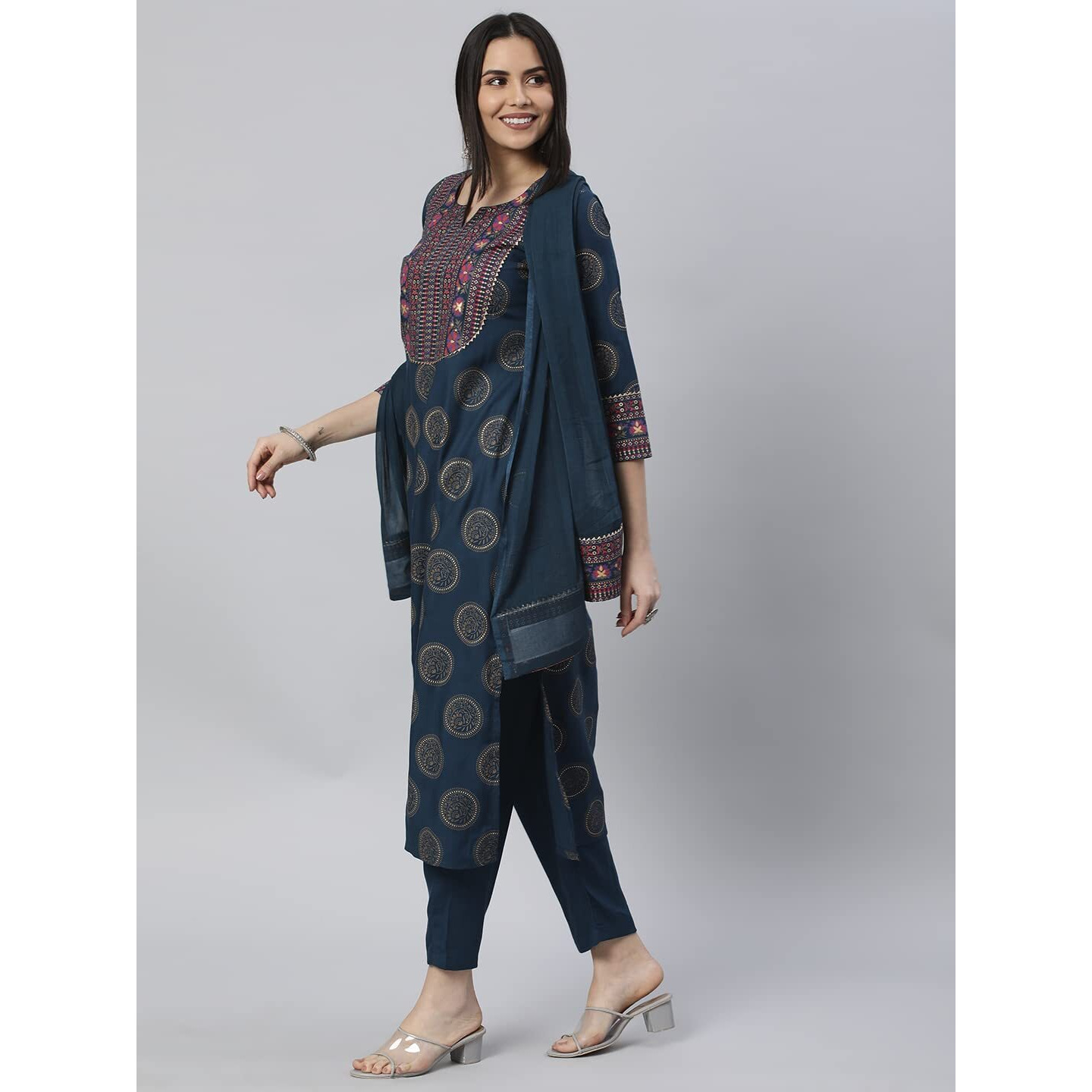 Gosriki Women's Cotton Blend Printed Straight Kurta With Pant & Dupatta (Nov-Rama-Gs_L_Rama_Large)