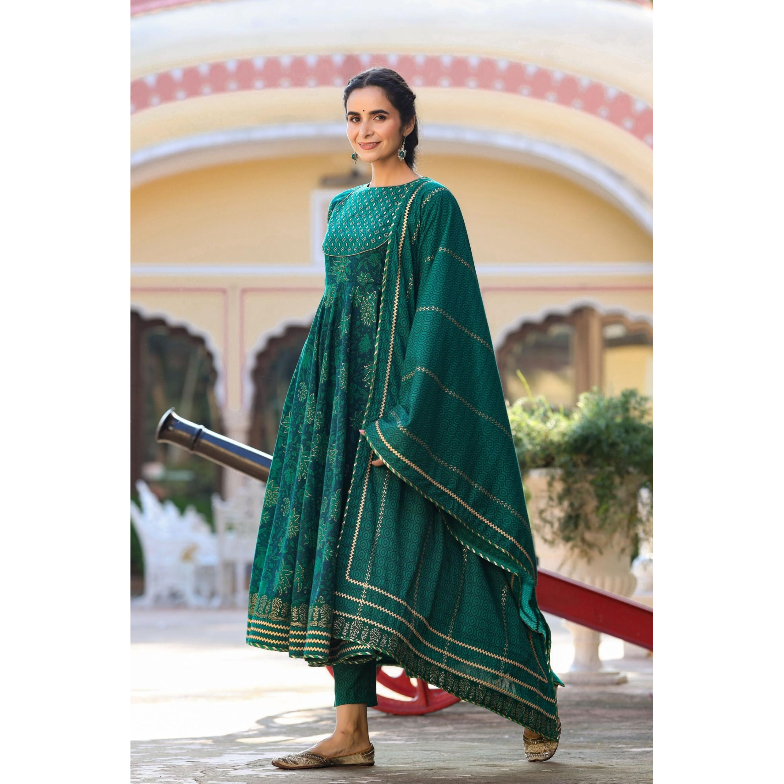 Gosriki Women's Rayon Blend Printed Anarkali Kurta With Pant & Dupatta (Gumaro Green-Gs_L_Green_Large)