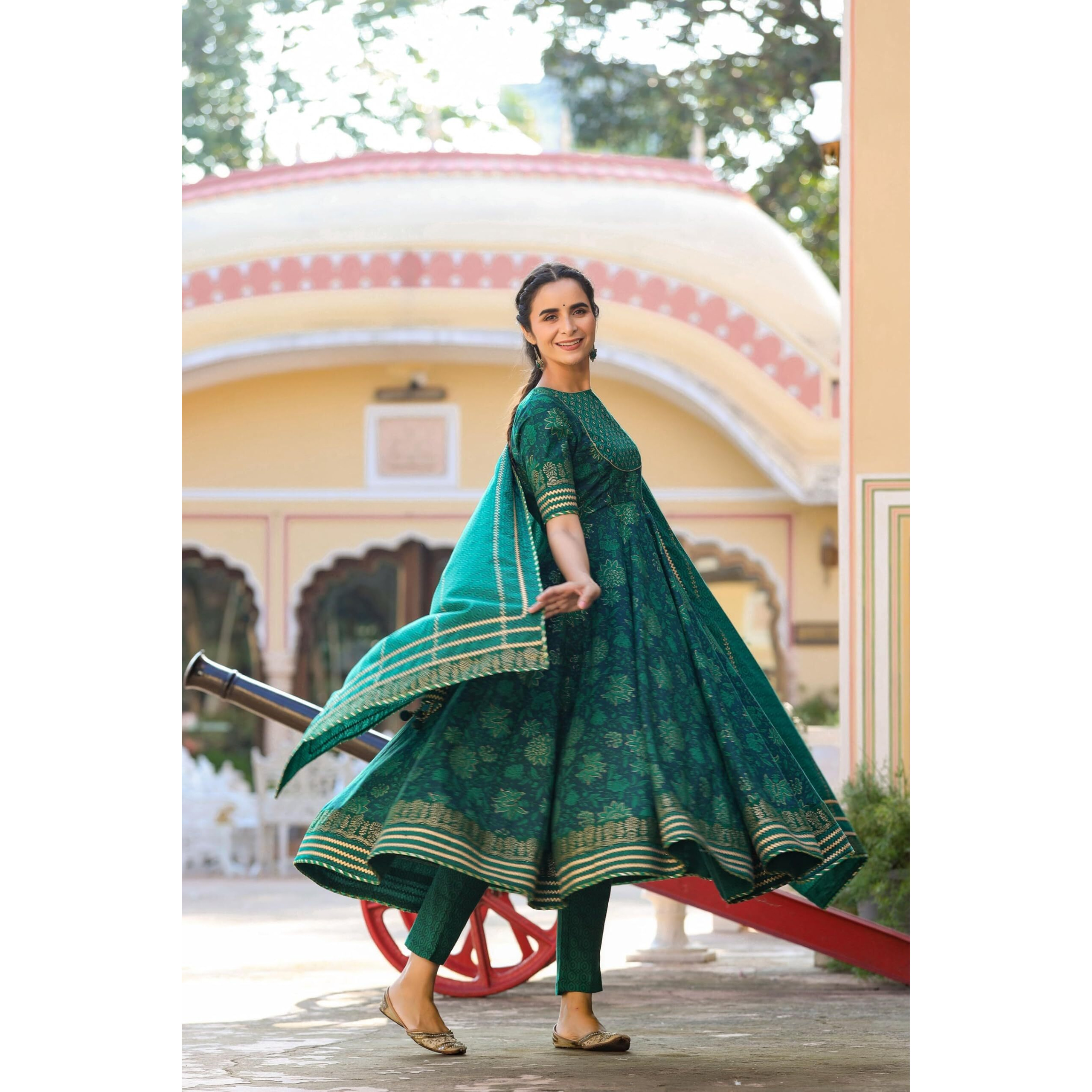 Gosriki Women's Rayon Blend Printed Anarkali Kurta With Pant & Dupatta (Gumaro Green-Gs_L_Green_Large)