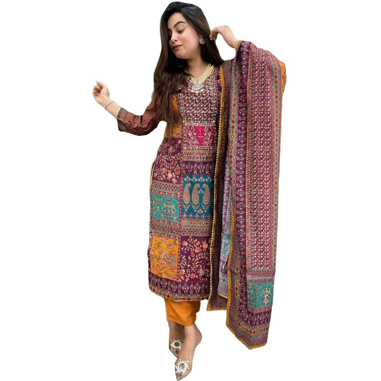 Gosriki Women's Rayon Viscose Straight Printed Kurta With Pant & Dupatta (Sula Mustard-Gs_S_Mustard_Small)
