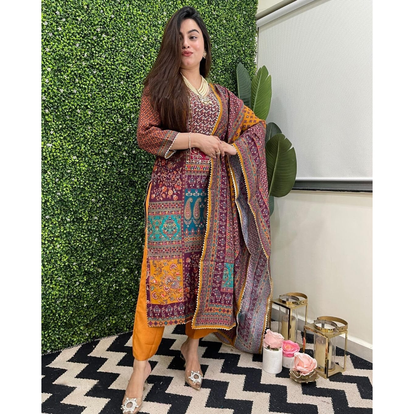 Gosriki Women's Rayon Viscose Straight Printed Kurta With Pant & Dupatta (Sula Mustard-Gs_S_Mustard_Small)