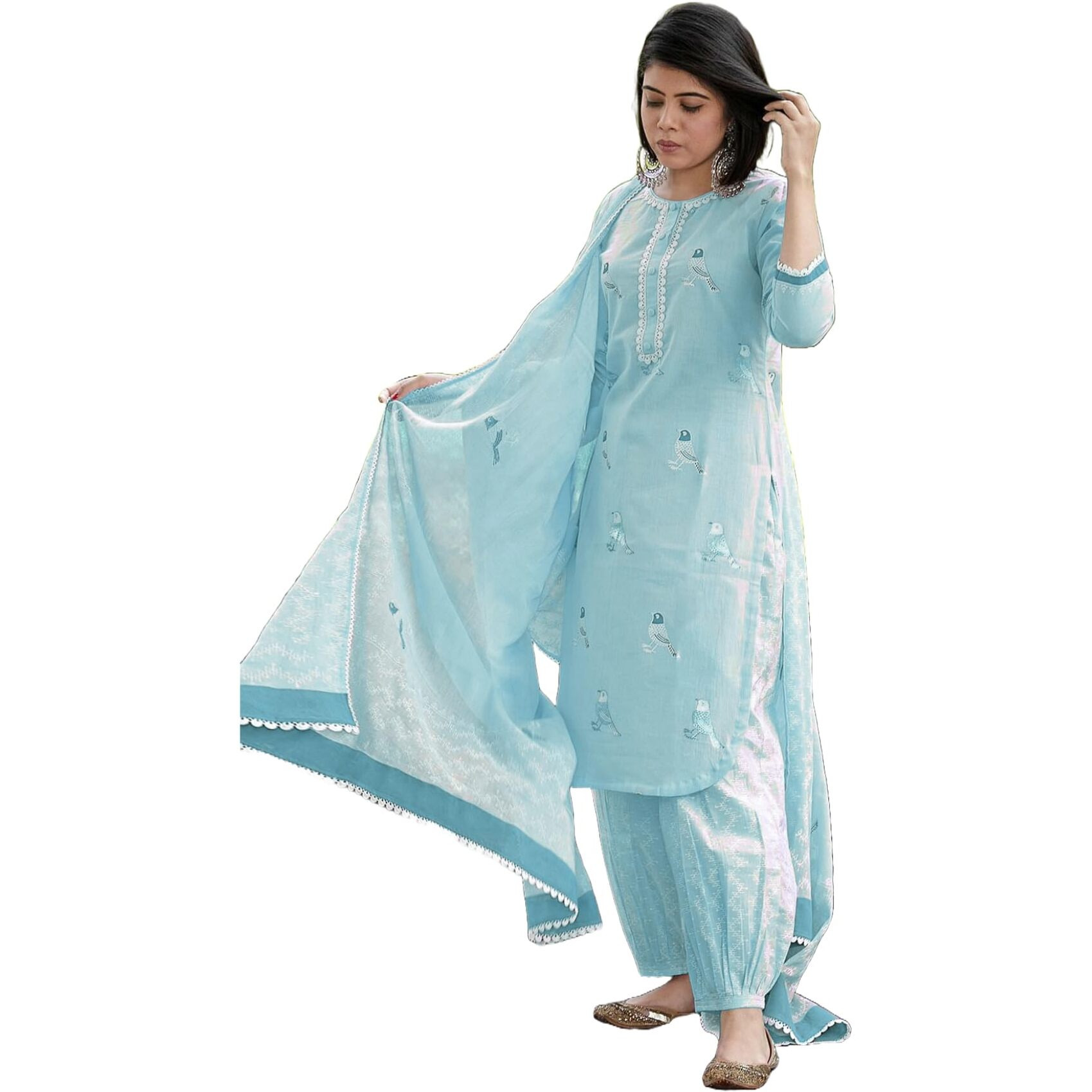 Gosriki Women's Rayon Blend Hand Block Printed Straight Kurta With Pant & Dupatta (Ragsri Ice Blue-Vks04-Gs_M_Sky Blue_Medium)