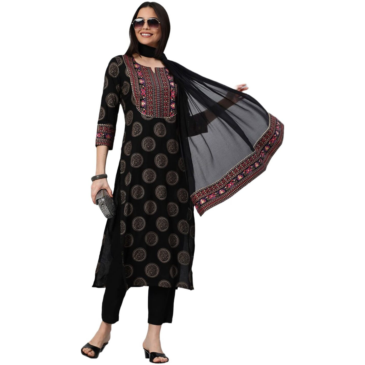 Gosriki Women's Cotton Blend Printed Straight Kurta With Pant & Dupatta (Nov-Black-Gs_S_Black_Small)