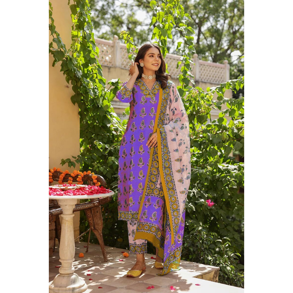 Gosriki Women's Rayon Blend Straight Printed Kurta With Pant & Dupatta (Uchiha Purple-Gs_M_Purple_Medium)