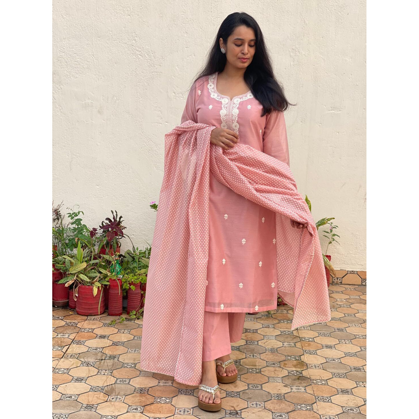 Gosriki Women's Cotton Blend Straight Embroidered Kurta With Pant & Dupatta (Yearend Pink-Gs_L_Pink_Large)