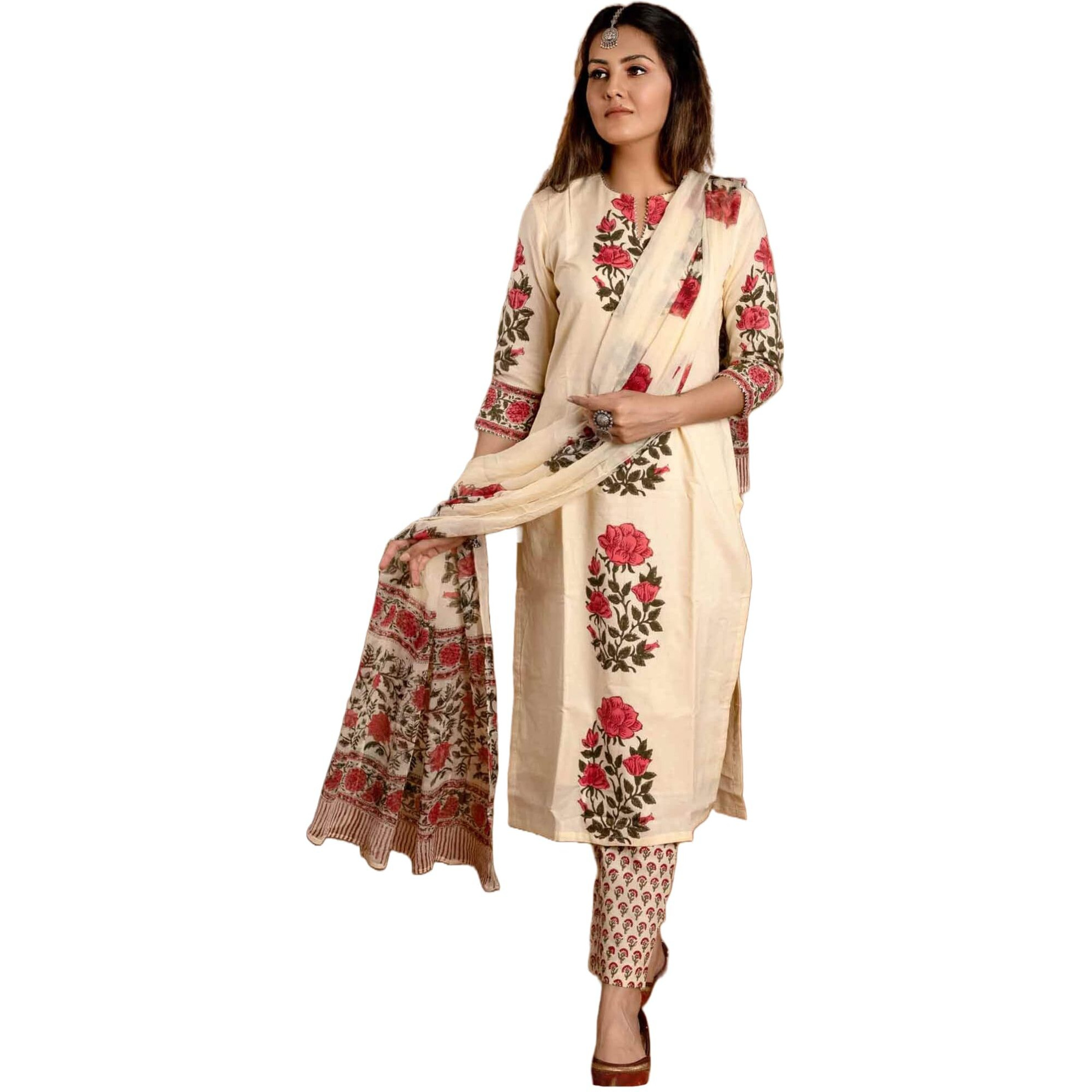 Gosriki Women's Rayon Blend Straight Printed Kurta With Pant & Dupatta (Actual-Cream-Gs_M_Cream_Medium)