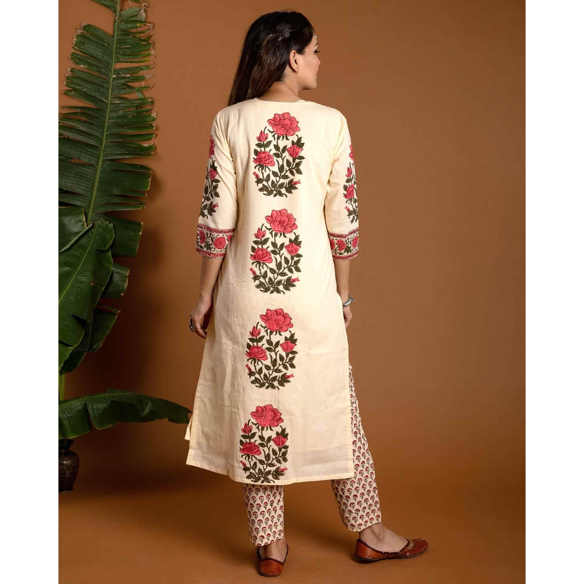 Gosriki Women's Rayon Blend Straight Printed Kurta With Pant & Dupatta (Actual-Cream-Gs_M_Cream_Medium)