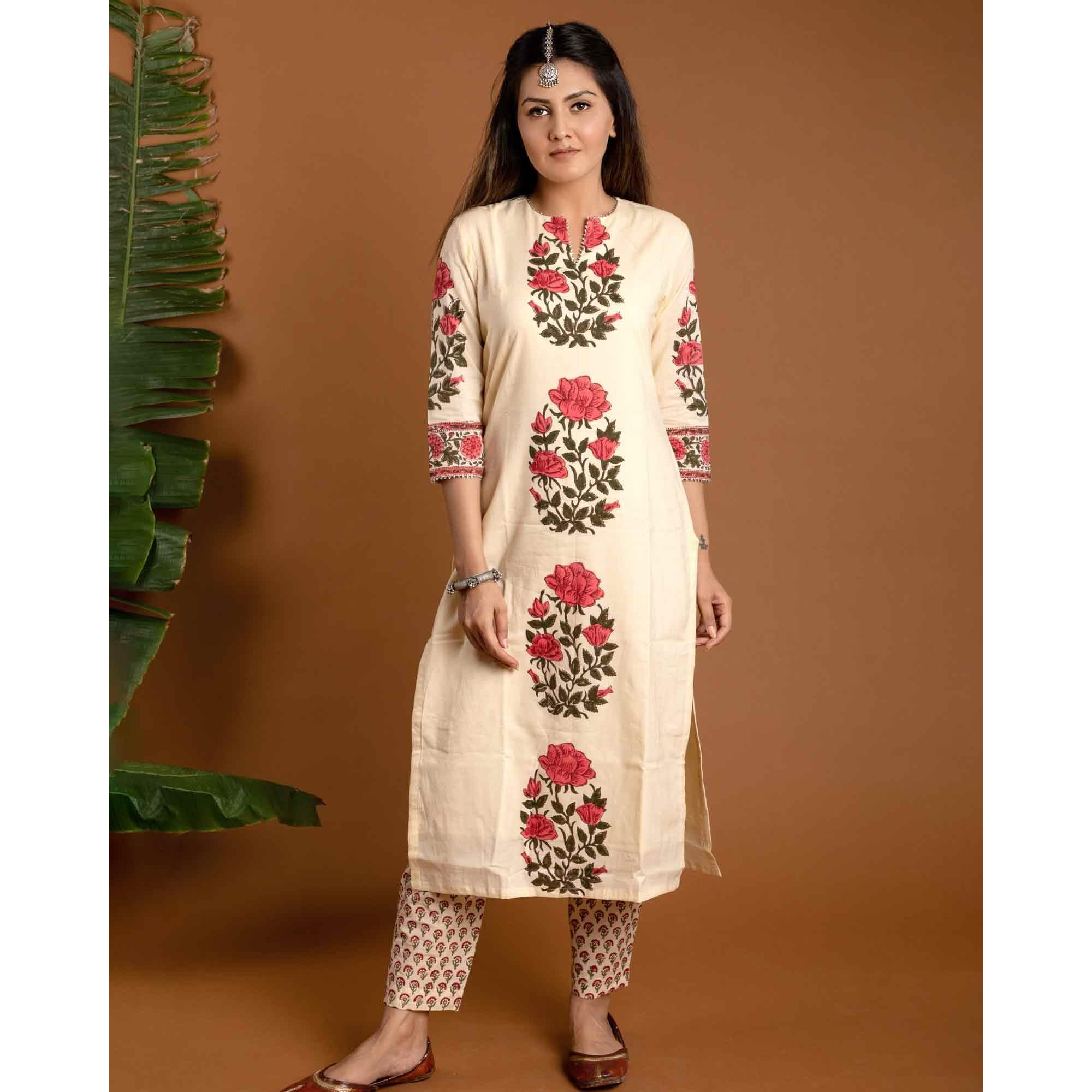 Gosriki Women's Rayon Blend Straight Printed Kurta With Pant & Dupatta (Actual-Cream-Gs_M_Cream_Medium)