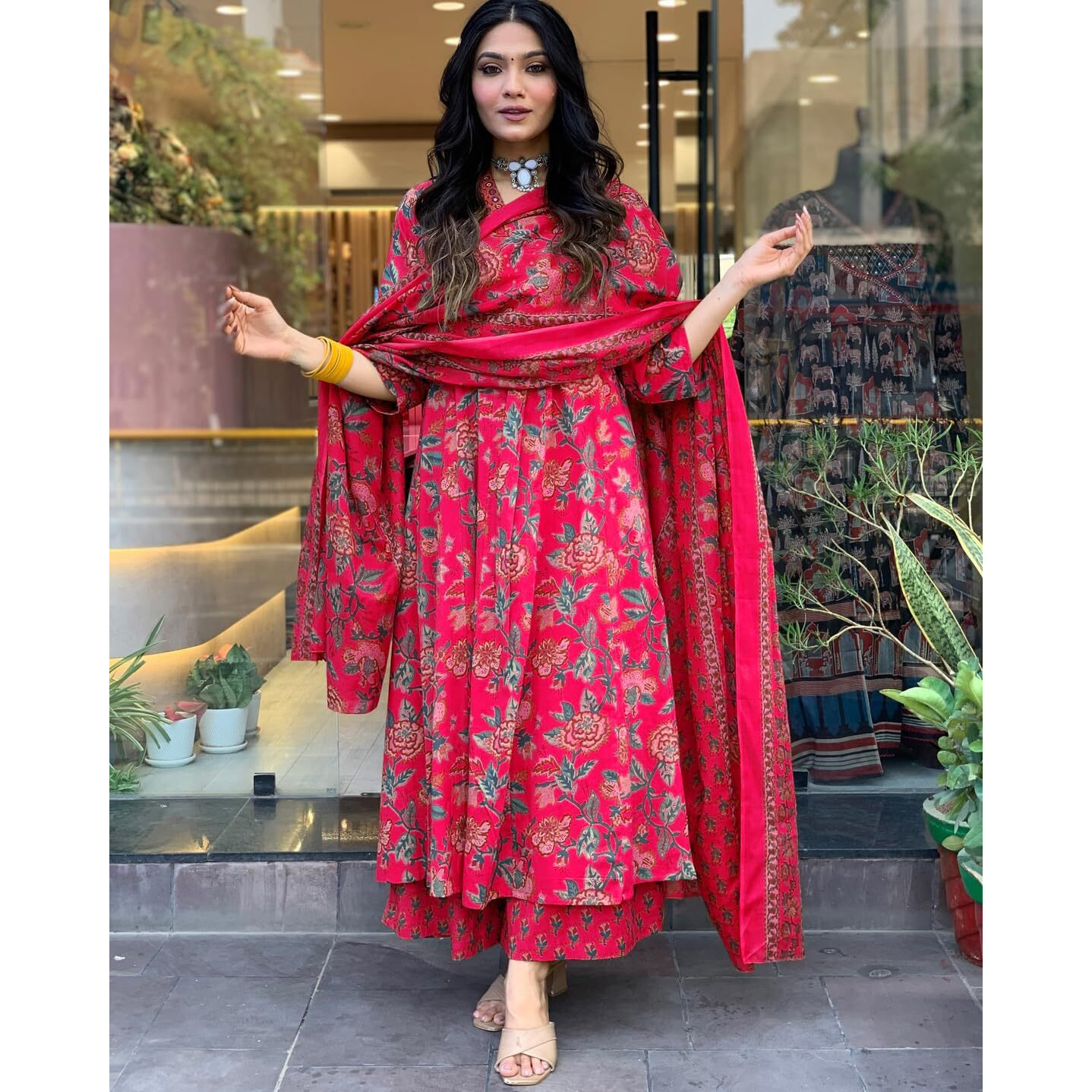 Gosriki Women's Rayon Viscose Anarkali Printed Kurta With Palazzo & Dupatta (Cia Pink-Vks01-Gs_M_Pink_Medium)