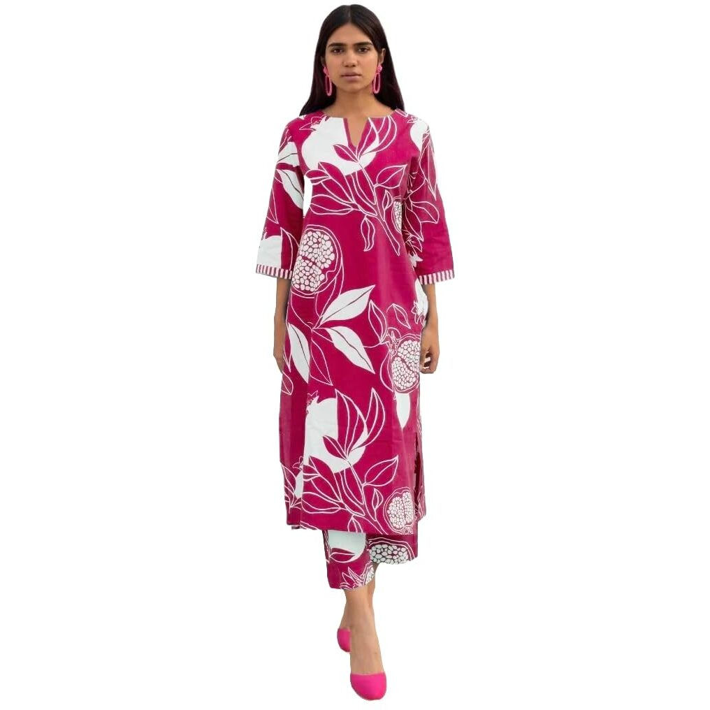 Gosriki Women's Cotton Blend Straight Printed Kurta With Pant (Anaar-Pink-Gs_M_Pink_Medium)