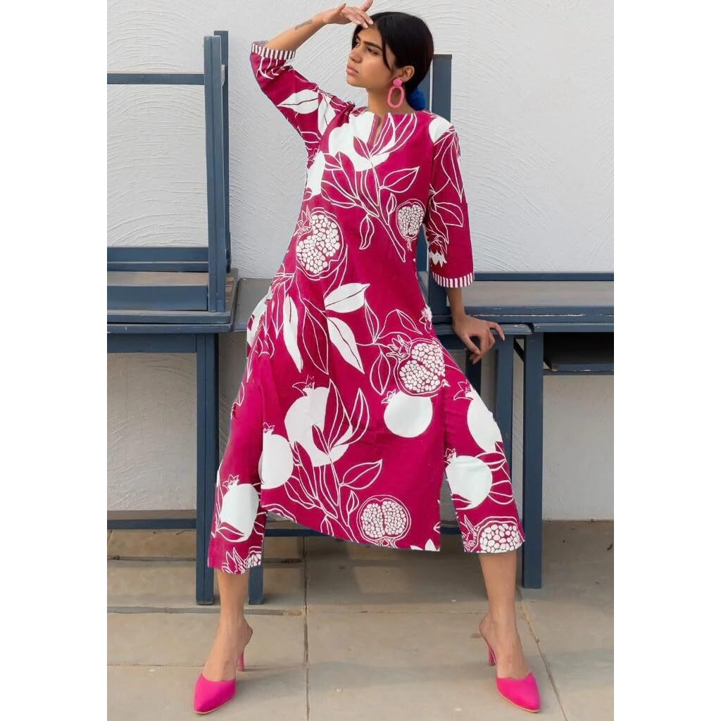 Gosriki Women's Cotton Blend Straight Printed Kurta With Pant (Anaar-Pink-Gs_M_Pink_Medium)