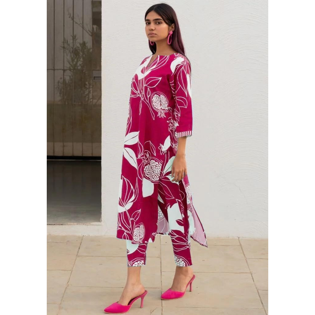 Gosriki Women's Cotton Blend Straight Printed Kurta With Pant (Anaar-Pink-Gs_M_Pink_Medium)