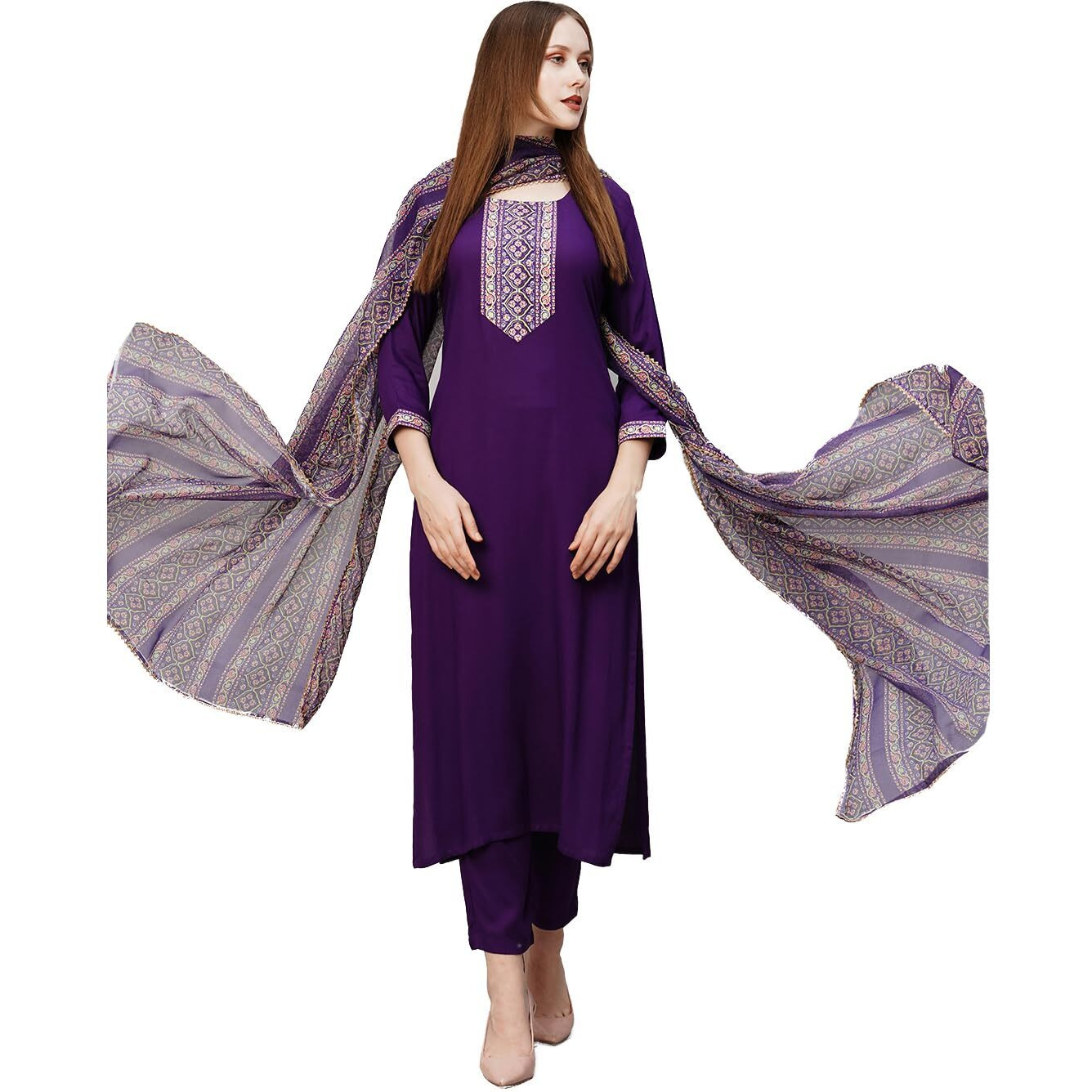 Gosriki Women's Cotton Blend Straight Solid Kurta With Pant & Dupatta (Saru-Begni-Gs_L_Blue_Large)