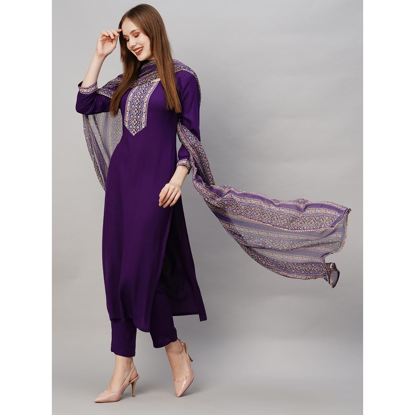 Gosriki Women's Cotton Blend Straight Solid Kurta With Pant & Dupatta (Saru-Begni-Gs_L_Blue_Large)