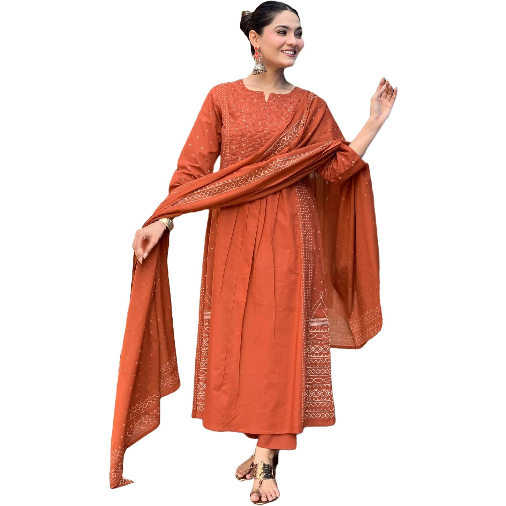 Gosriki Women's Rayon Viscose Anarkali Printed Kurta With Pant & Dupatta (Hamlet Orange-Gs_4Xl_Orange_Xxxx-Large)