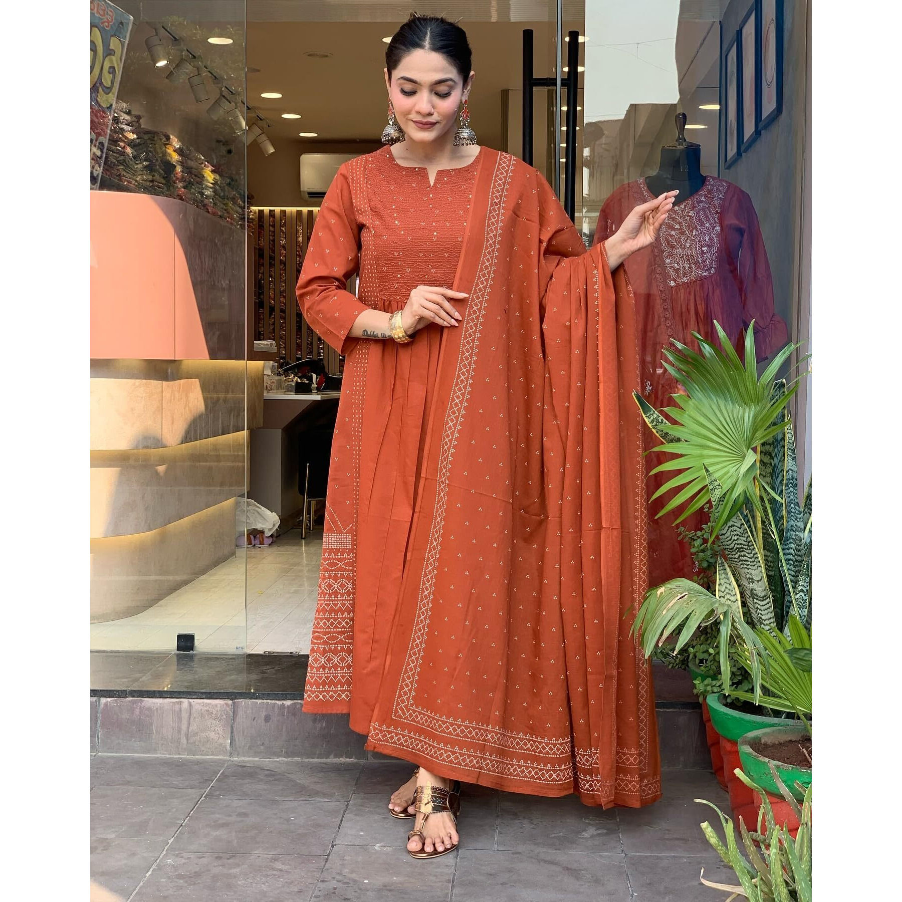 Gosriki Women's Rayon Viscose Anarkali Printed Kurta With Pant & Dupatta (Hamlet Orange-Gs_4Xl_Orange_Xxxx-Large)