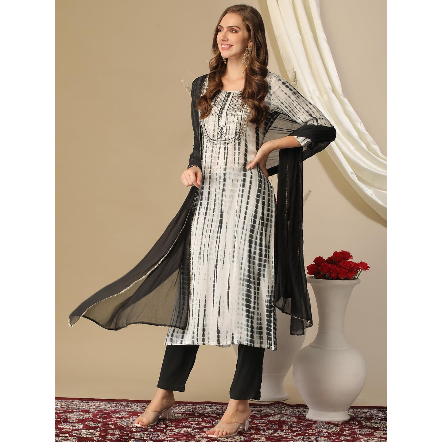 Gosriki Women's Rayon Blend Straight Printed Kurta With Pant & Dupatta (Tiedye Black-Nw-Gs_L_Black_Large)