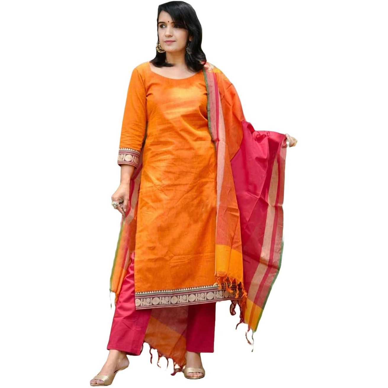 Gosriki Women's Cotton Blend Solid Straight Kurta With Pant & Dupatta (Shamshera Orange-Gs_M_Orange_Medium)