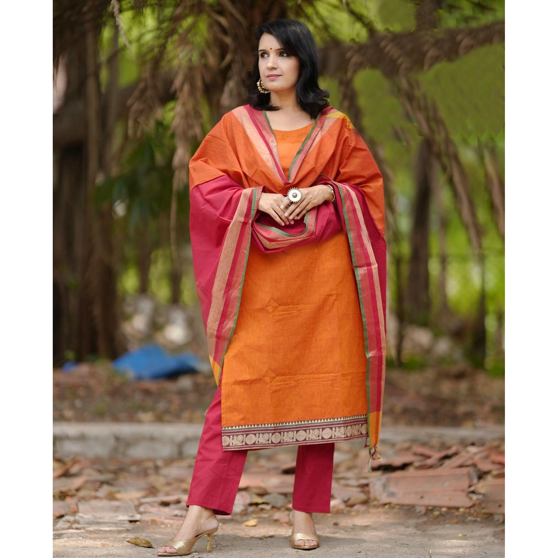Gosriki Women's Cotton Blend Solid Straight Kurta With Pant & Dupatta (Shamshera Orange-Gs_M_Orange_Medium)