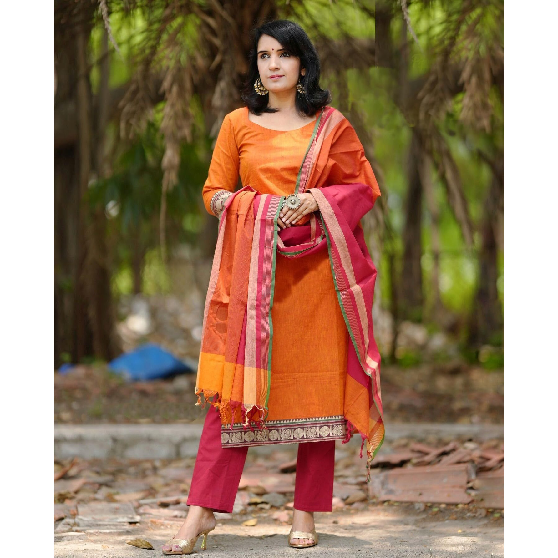 Gosriki Women's Cotton Blend Solid Straight Kurta With Pant & Dupatta (Shamshera Orange-Gs_M_Orange_Medium)