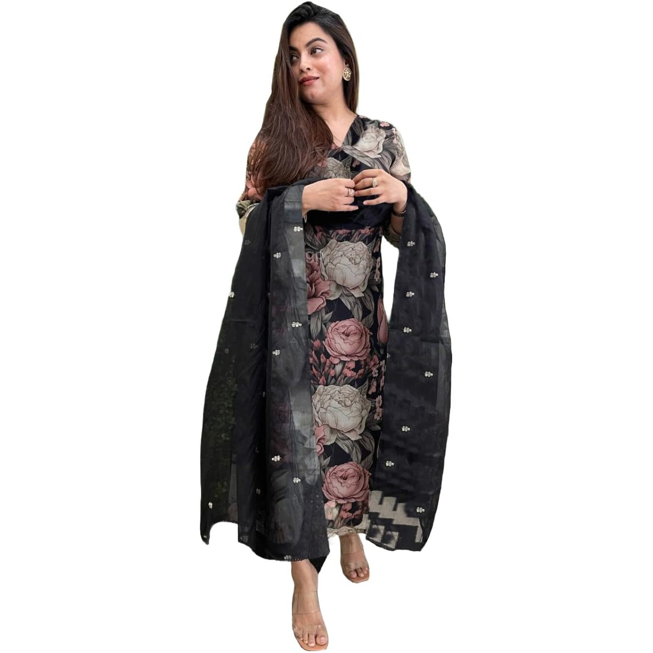 Gosriki Women's Cotton Blend Straight Printed Kurta With Pant & Dupatta (Poona Black-Gs_4Xl_Black_Xxxx-Large)