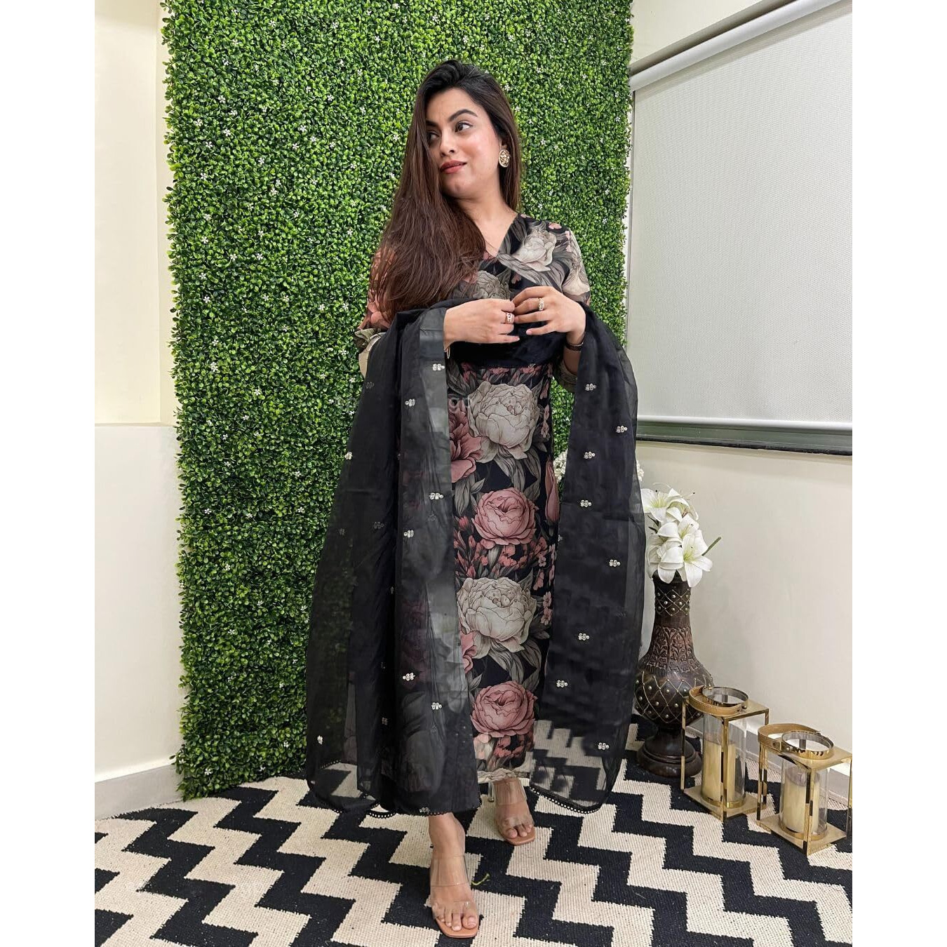 Gosriki Women's Cotton Blend Straight Printed Kurta With Pant & Dupatta (Poona Black-Gs_4Xl_Black_Xxxx-Large)