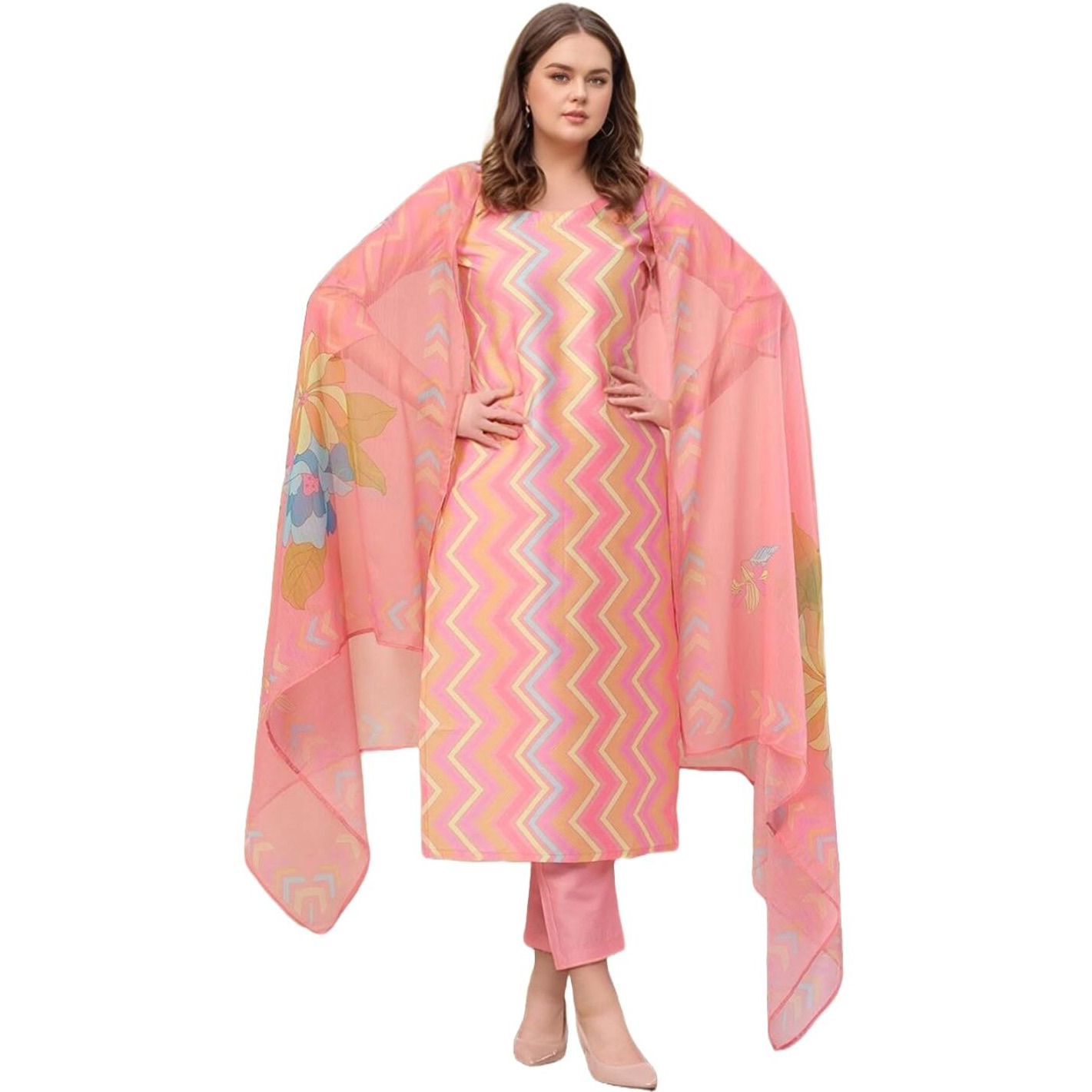 Gosriki Women's Rayon Viscose Straight Printed Kurta With Pant & Dupatta (Zaggu Pink-Vks01-Gs_M_Pink_Medium)