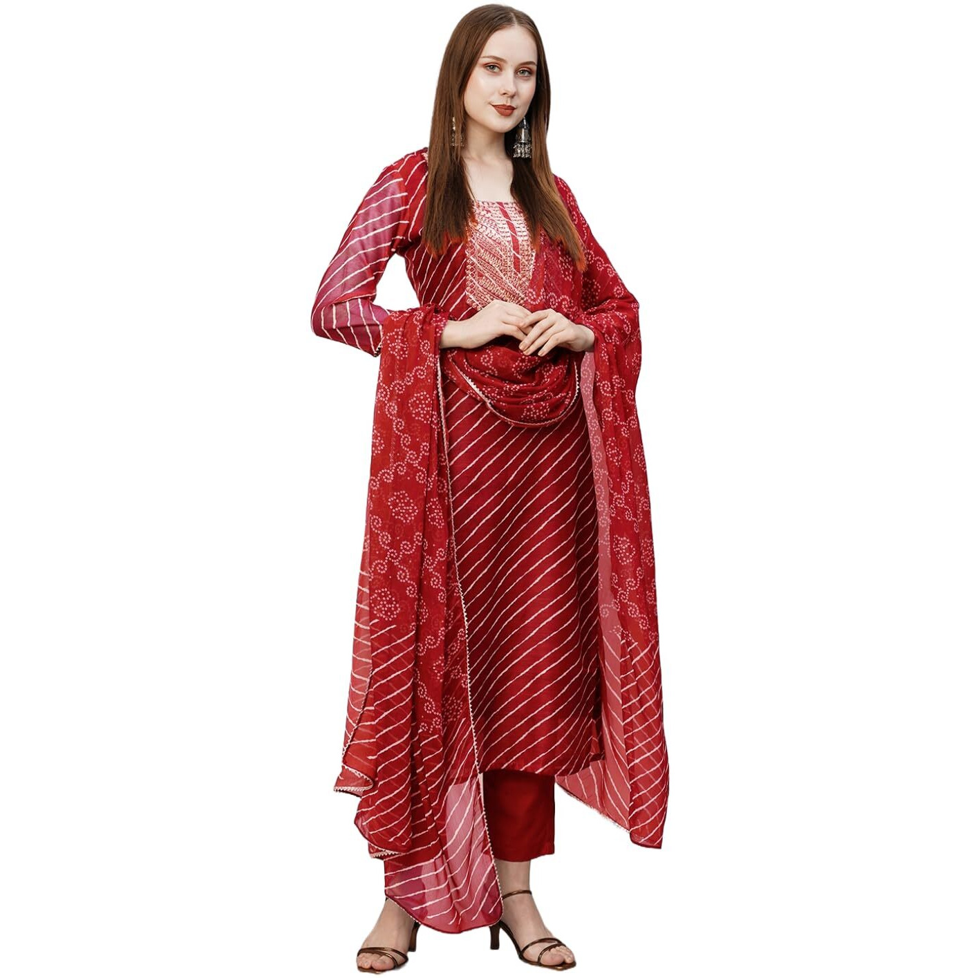 Gosriki Women's Cotton Blend Straight Embroidered Kurta With Pant & Dupatta (Doremi-Red-Gs_3Xl_Red_Xxx-Large)
