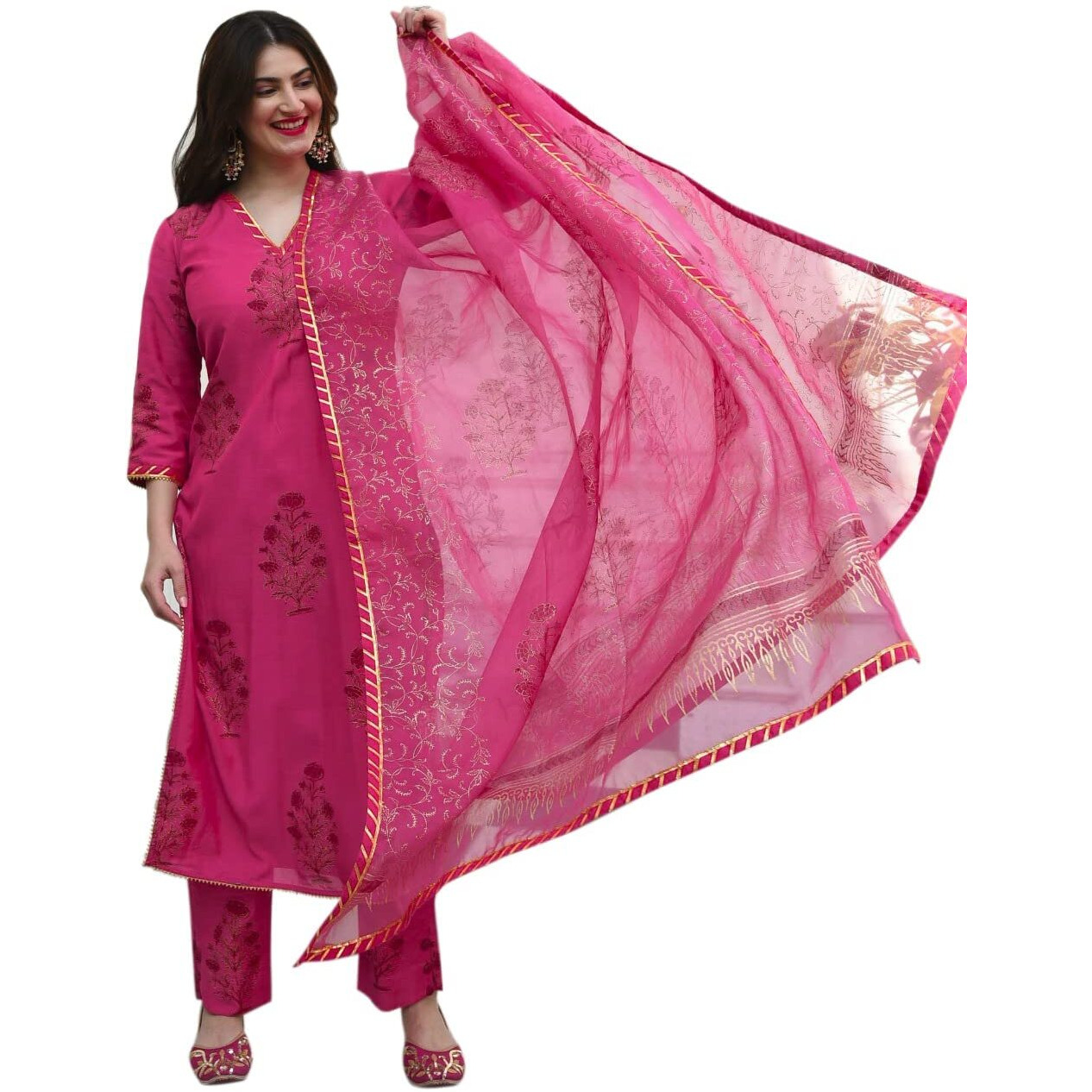 Gosriki Women's Cotton Blend Straight Kurta With Pant & Dupatta (Garden Pink_Xl-Go_Pink_X-Large)
