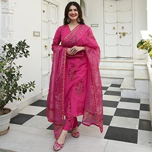 Gosriki Women's Cotton Blend Straight Kurta With Pant & Dupatta (Garden Pink_M-Go_Pink_Medium)