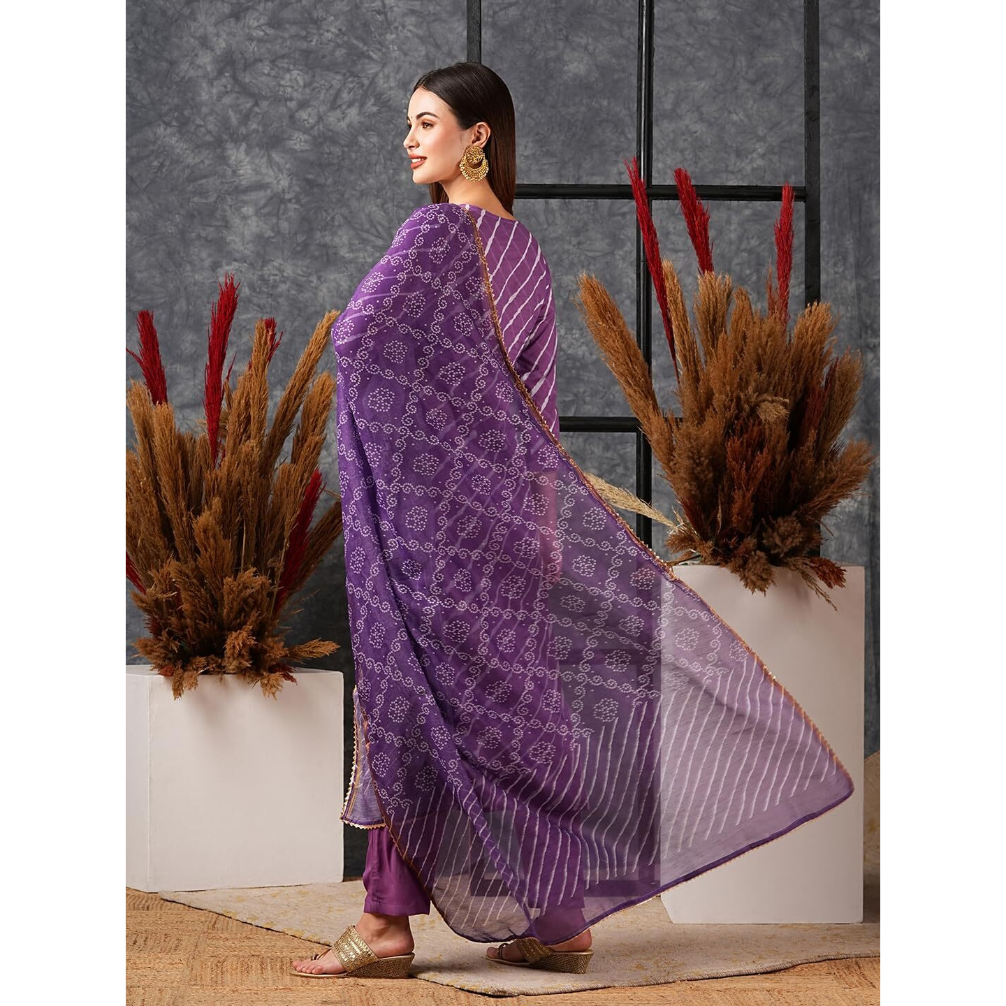Gosriki Women's Cotton Blend Straight Printed Kurta With Pant & Dupatta (Doremi-Purple-Gs_S_Purple_Small)