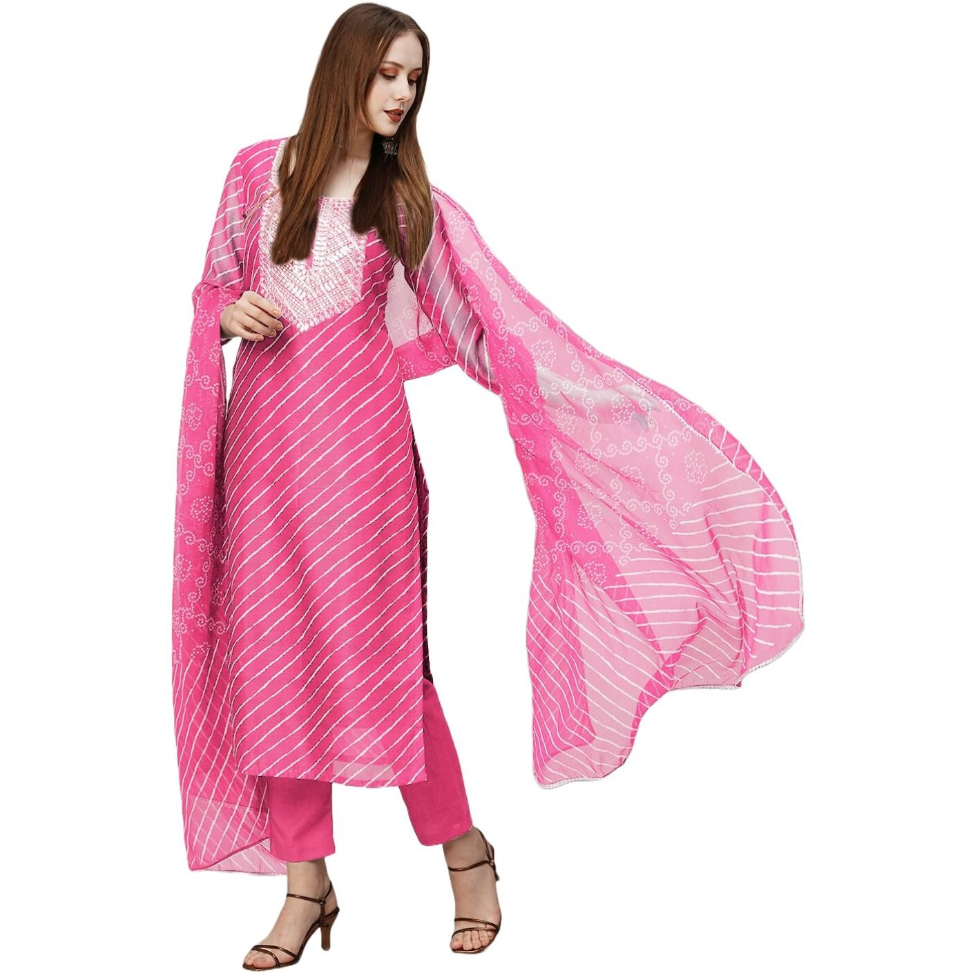 Gosriki Women's Cotton Blend Straight Printed Kurta With Pant & Dupatta (Doremi Baby Pink-Gs_S_Baby Pink_Small)