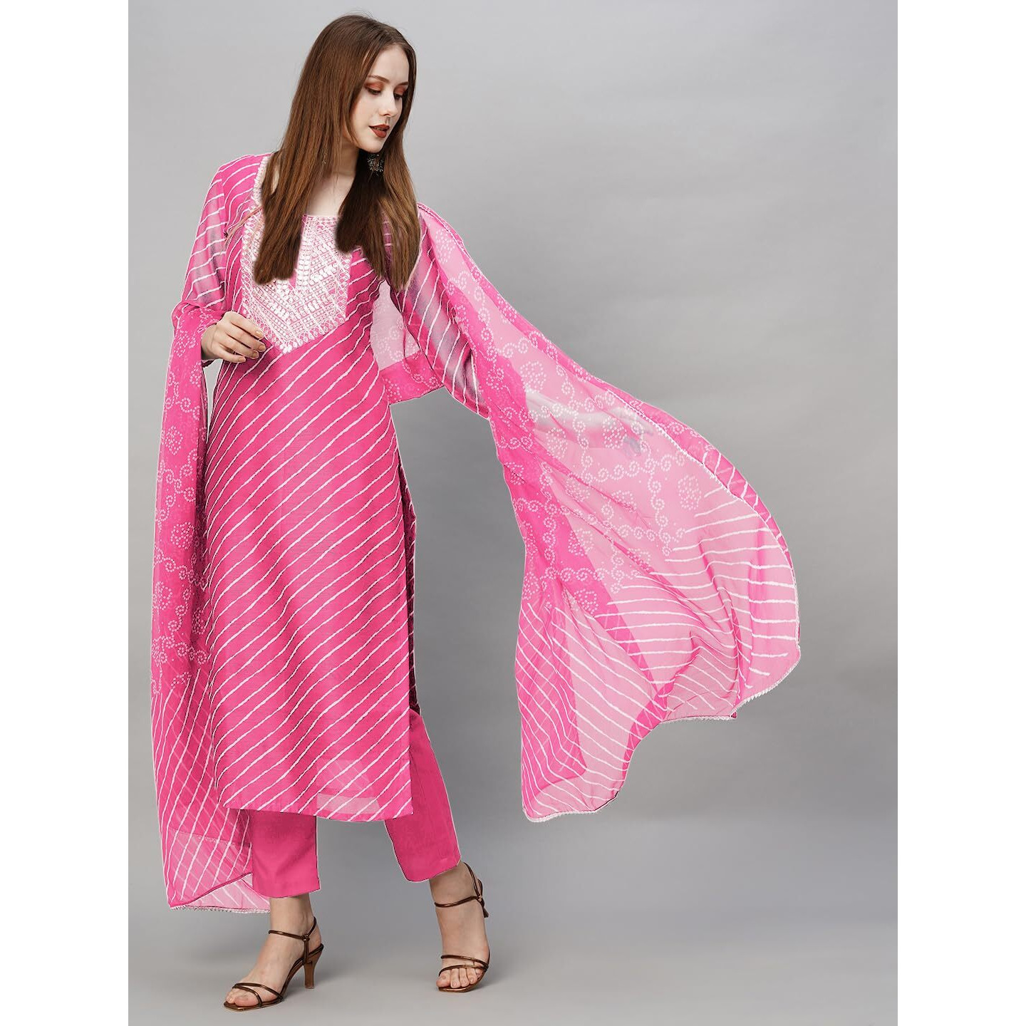 Gosriki Women's Cotton Blend Straight Printed Kurta With Pant & Dupatta (Doremi Baby Pink-Gs_S_Baby Pink_Small)