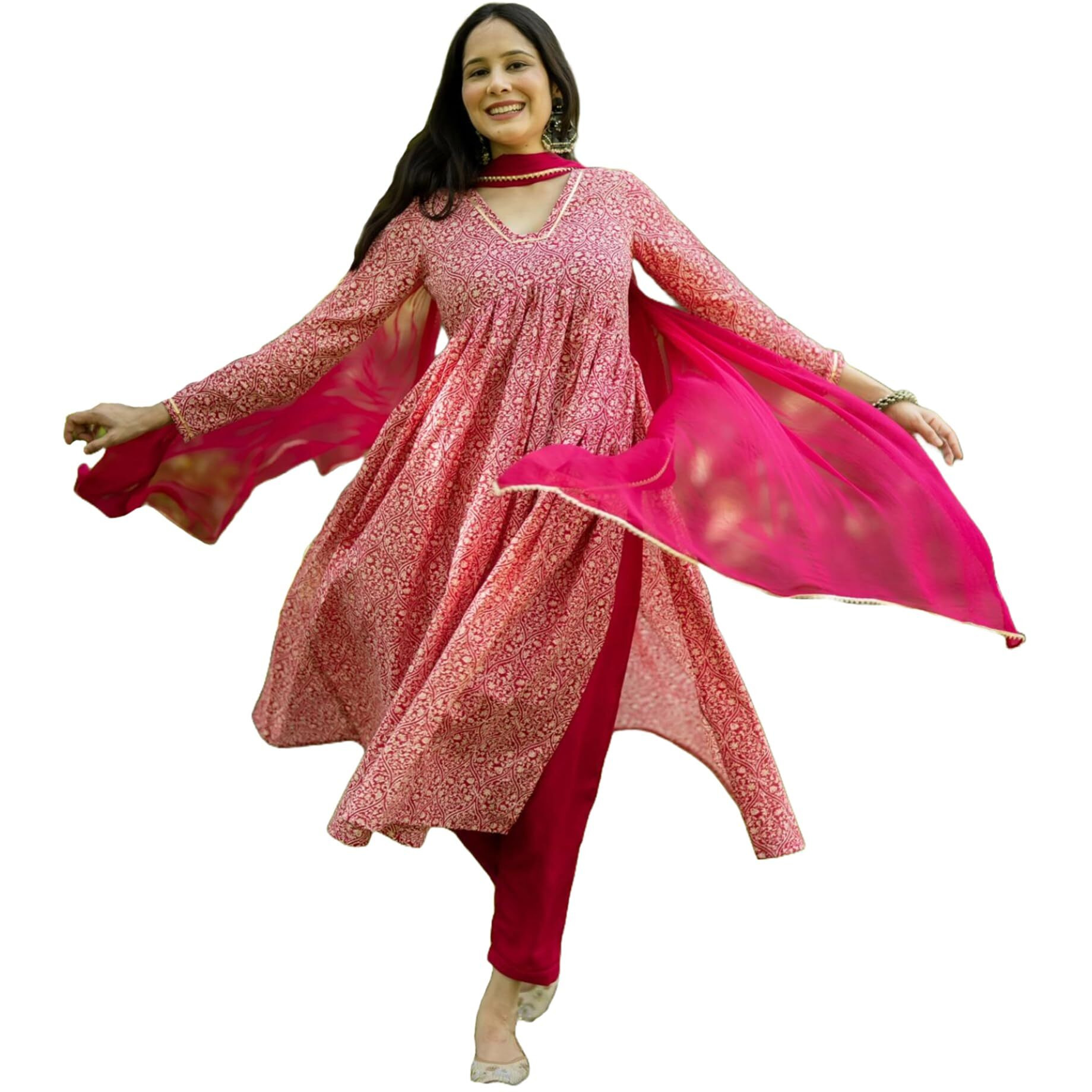 Gosriki Women's Rayon Blend Printed Straight Kurta With Pant & Dupatta (Manchali-Rani-Gs_Xxl_Pink_Xx-Large)