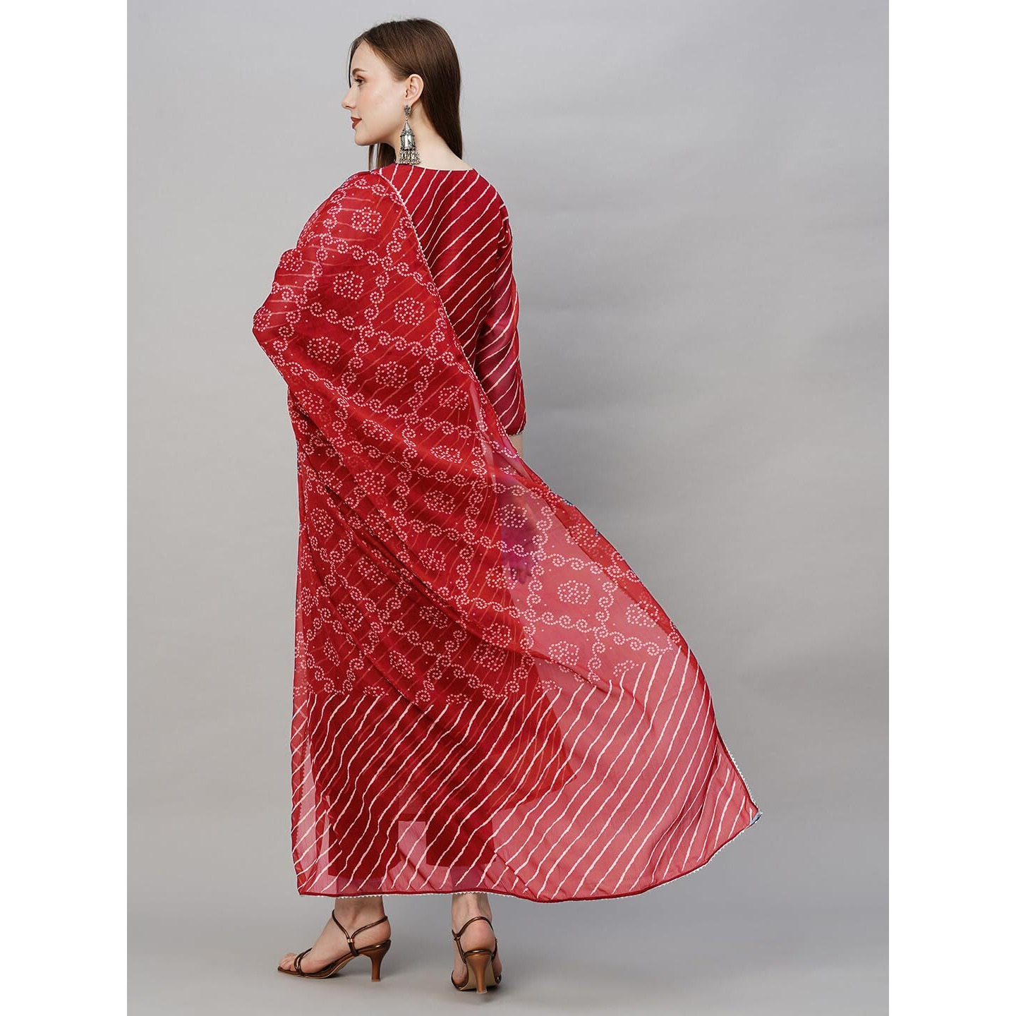Gosriki Women's Cotton Blend Straight Embroidered Kurta With Pant & Dupatta (Doremi-Red-Gs_L_Red_Large)