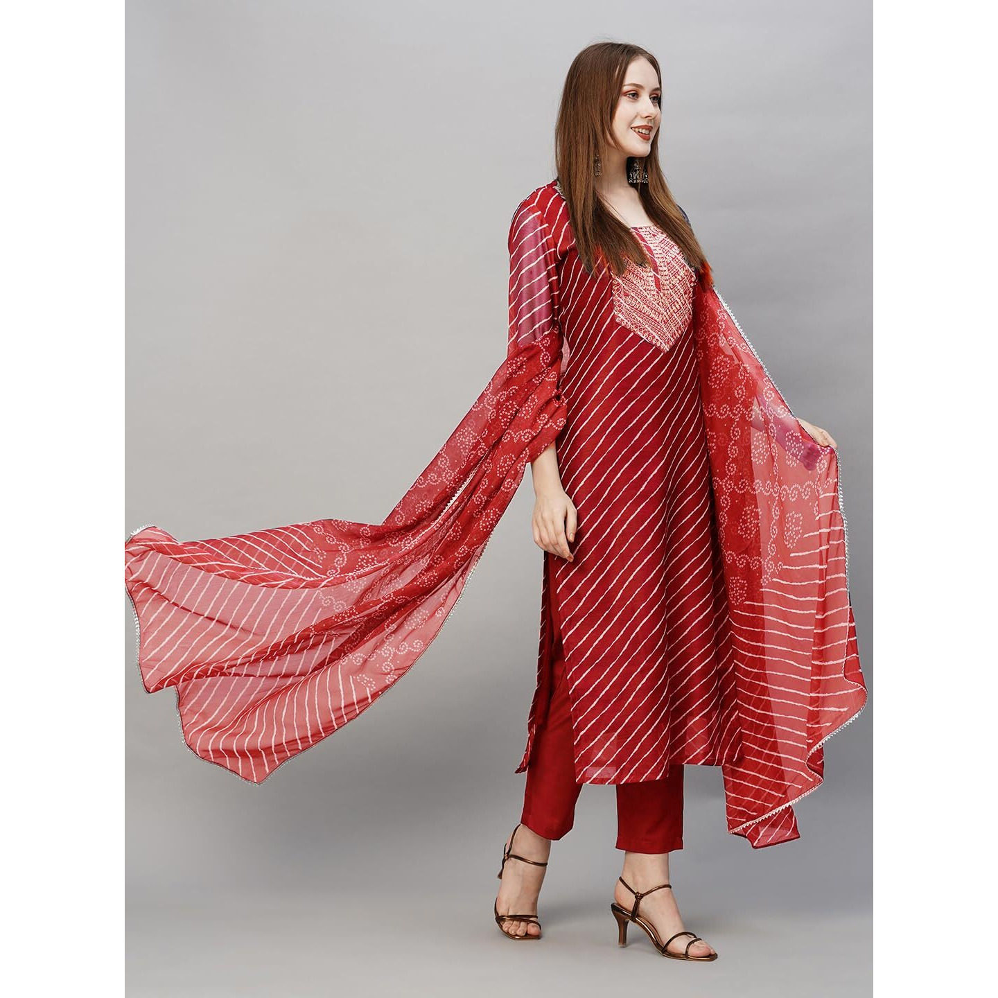 Gosriki Women's Cotton Blend Straight Embroidered Kurta With Pant & Dupatta (Doremi-Red-Gs_L_Red_Large)