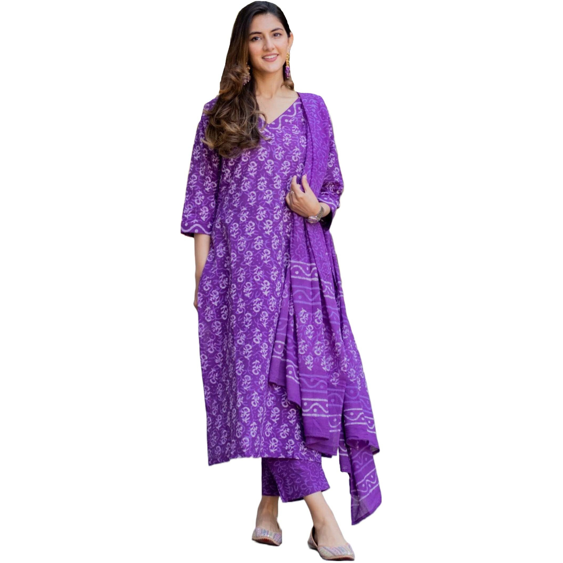 Gosriki Women's Rayon Blend Printed Straight Kurta With Pant & Dupatta (Feedback-Begani-Gs_M_Purple_Medium)